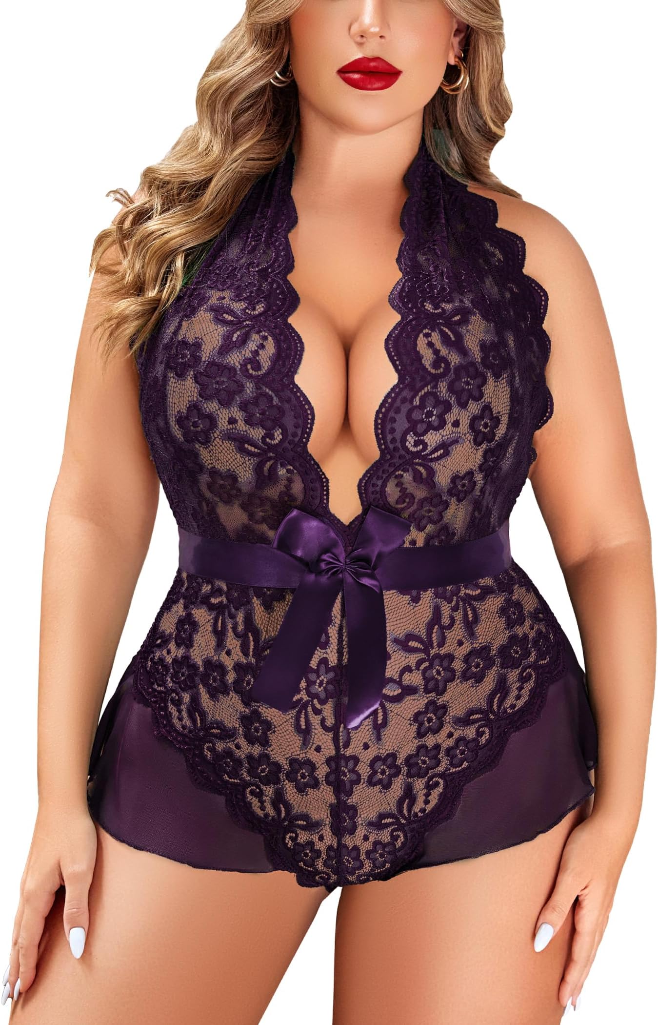 Plus Size Lingerie for Women Deep V Neck Teddy Lingerie Halter Lace Bodysuit Nightgown