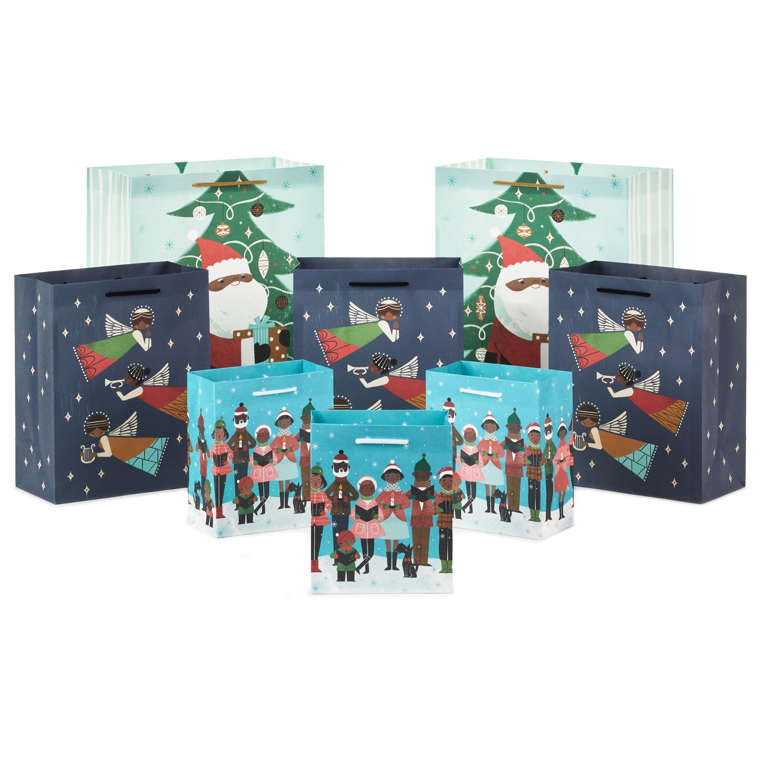 Hallmark Mahagoni-Geschenktüten-Sortiment (8 Tüten; 3 kleine 15,2 cm, 3 mittelgroße 22,9 cm, 2 große 33 cm), schwarzer Weihnachtsmann, afrikanisch-amerikanische Engel, Carolers