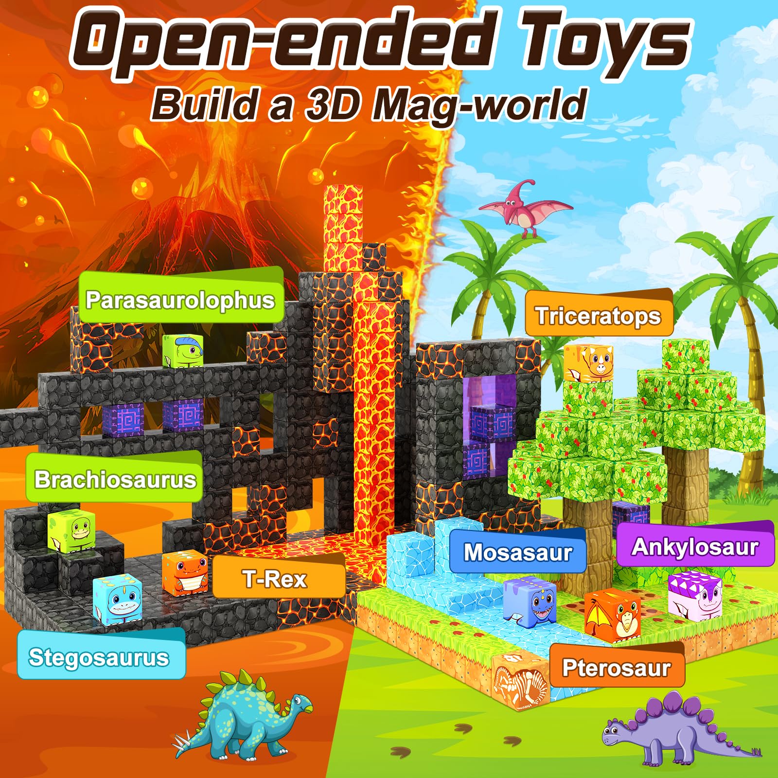 Bloques magnéticos de juguetes de dinosaurio, juego de aventuras de dinosaurios con imán de minas, bloques de construcción magnéticos para niños y niñas de 3 años en adelante, escenas jurásicas 5