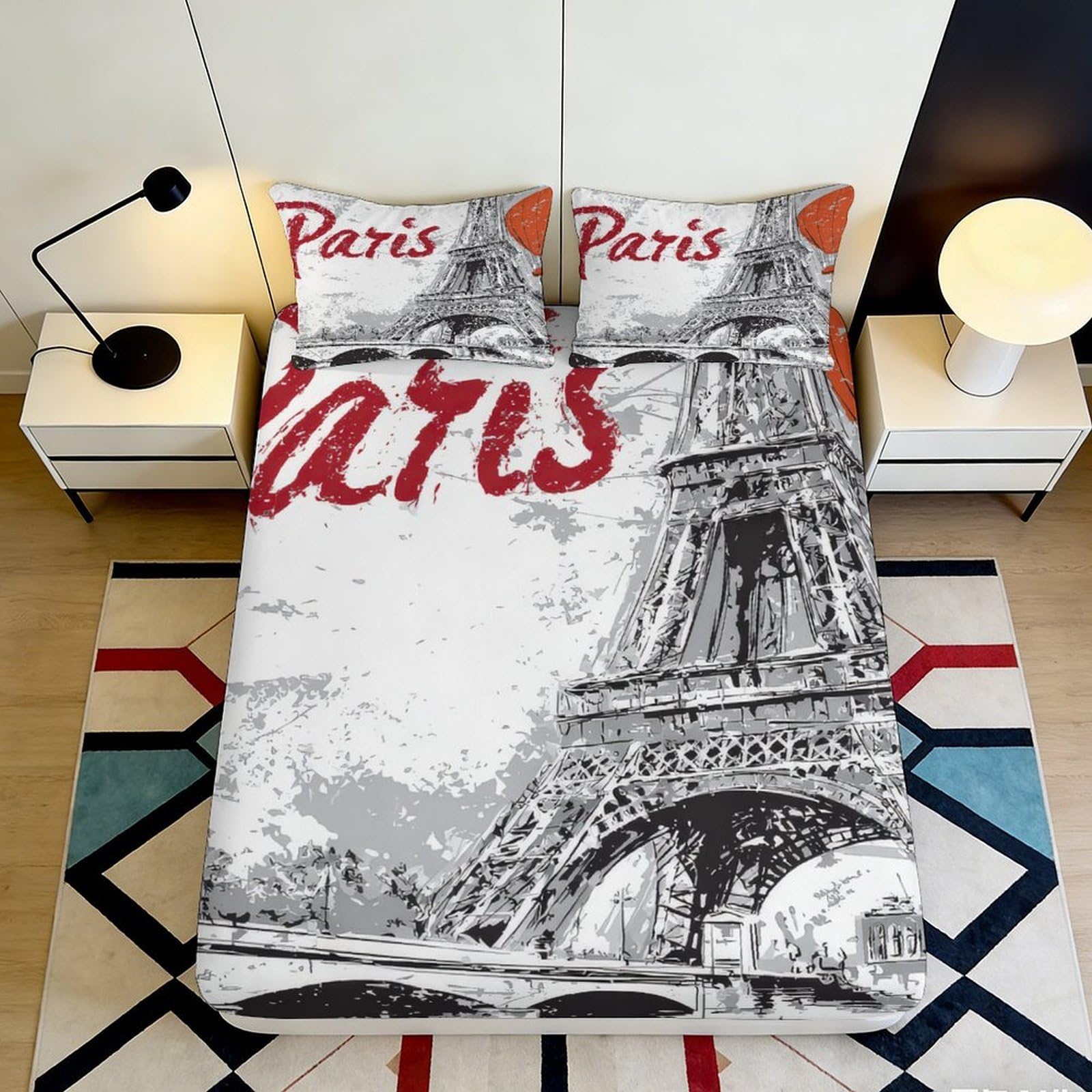 3D Printed Eiffel Tower Paris Fitted Sheet Microfiber Soft Anti-Slip Bed Cover for Bedroom Guest Room Decor 120x200x25cm