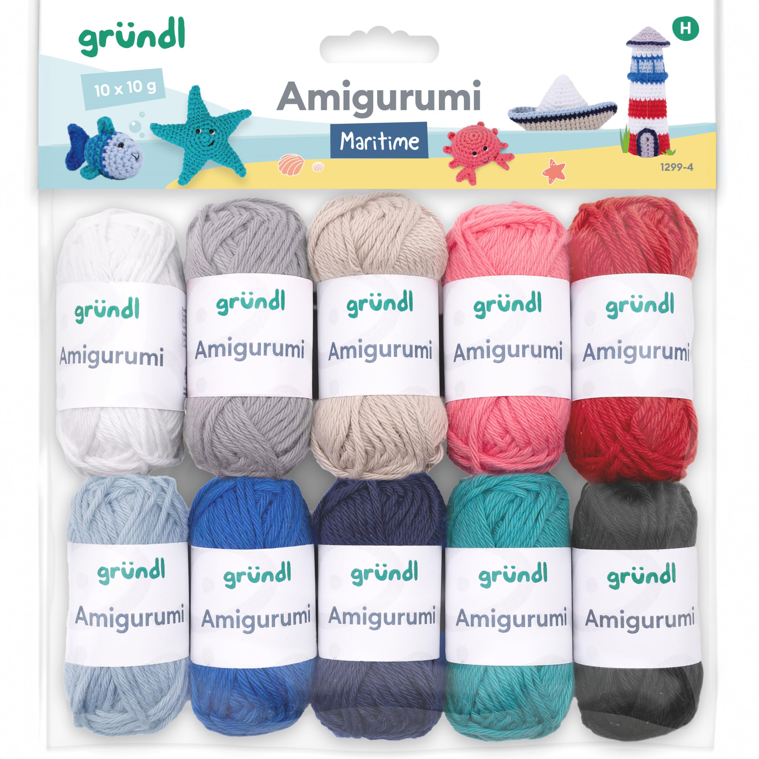 Gründl Wool Amigurumi - Thin Wool for Crocheting Small Figures - Crochet Yarn - Shiny and Skin Friendly - 100% Cotton - 10 Mini Balls 10 g / 23 m - Needle Size 3-4 - Martitime