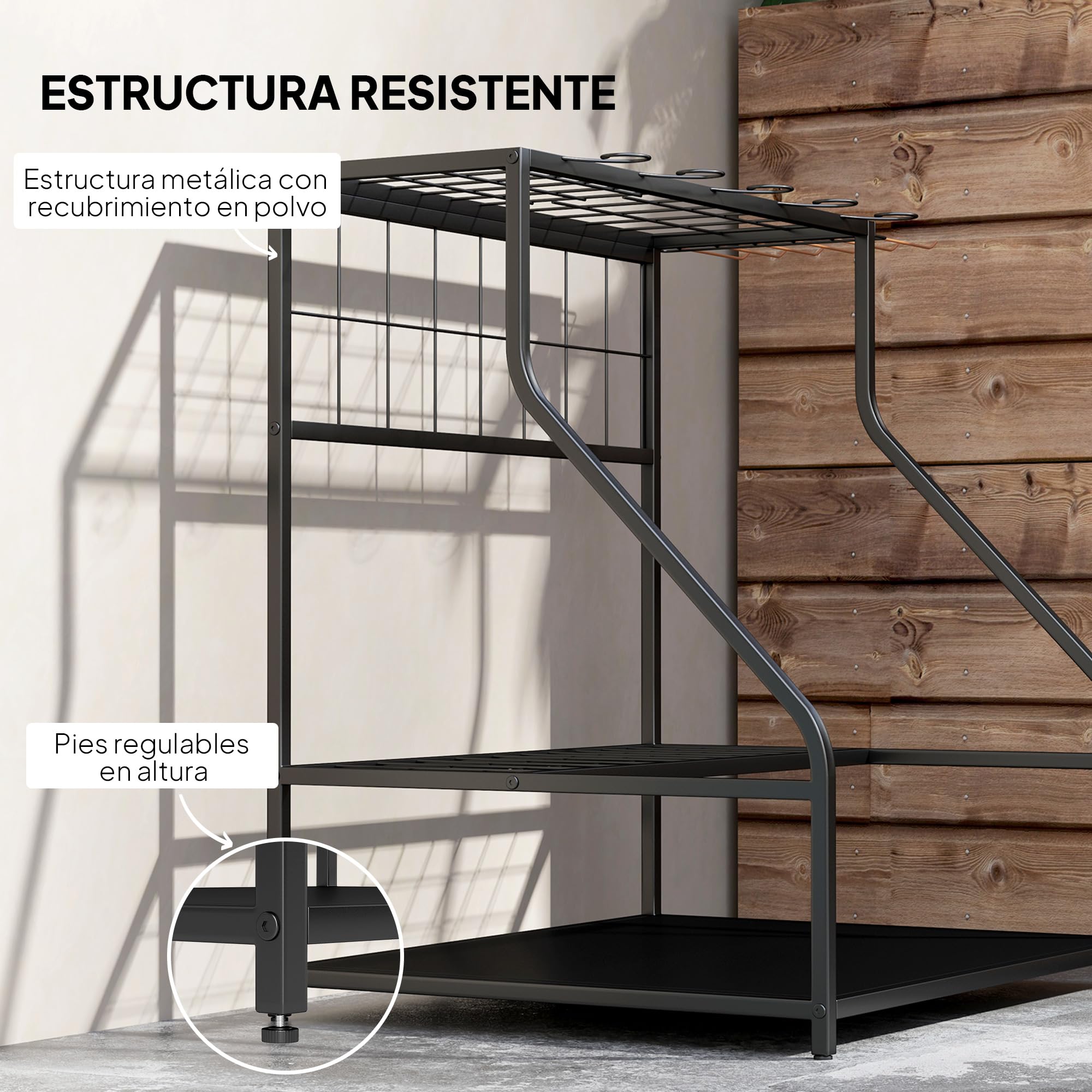 Outsunny Organizador de Herramientas de Jardín, Estantería de Almacenamiento de 3 Niveles para Garaje con Ganchos, para Palas, Rastrillos, Escobas, Soporte de Metal