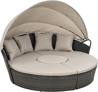 Isola Prendisole da Giardino/Terrazza con Elementi Componibili Lounge in Polyrattan con Tettuccio Parasole Pieghevole e Cuscini - Grigio Scuro/Beige