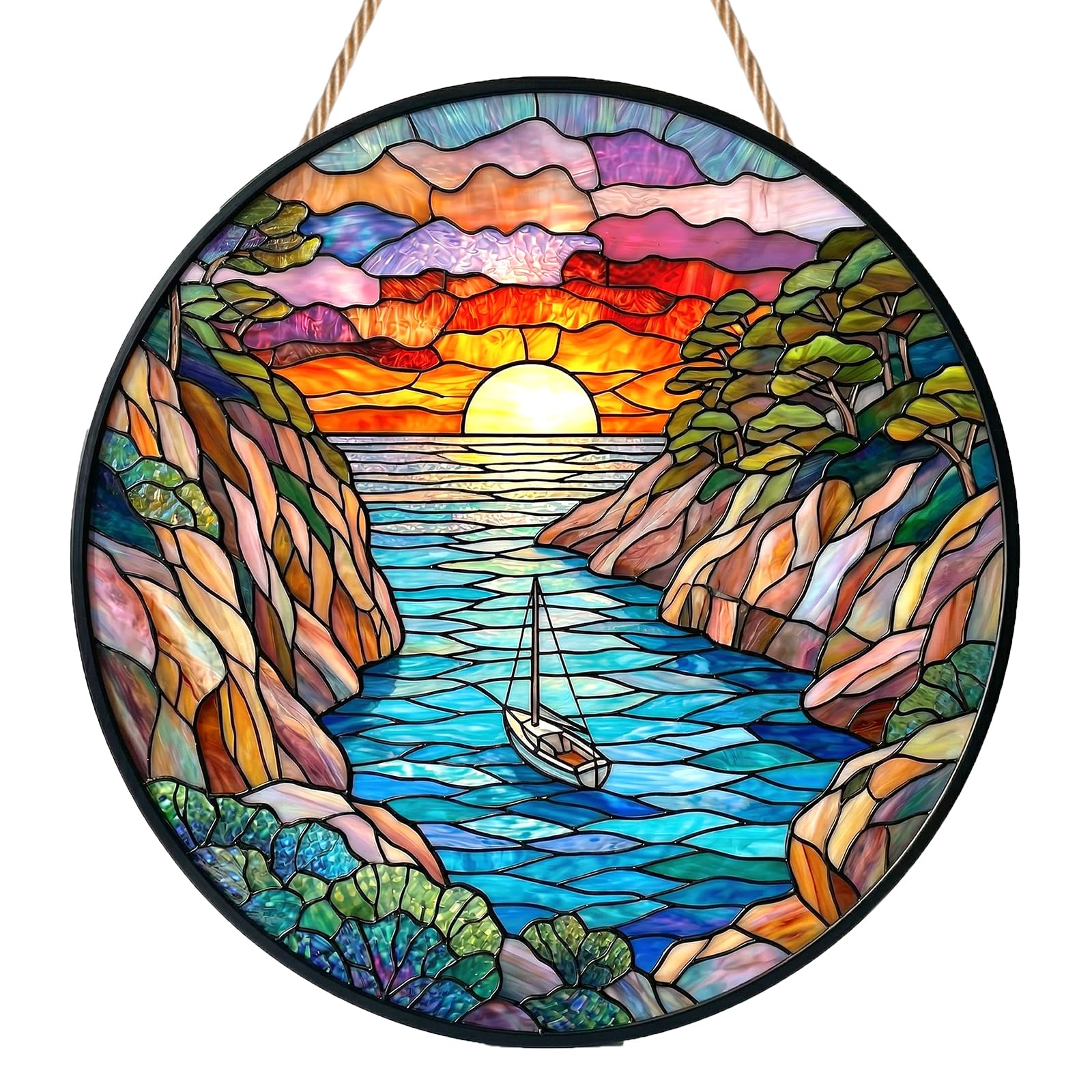 Sun Catchers for Windows, Coastal Sailboat Stained Glass Suncatchers for Windows, Nautical Scene Window Hanging for Home Window, Seaside Garden Ornament