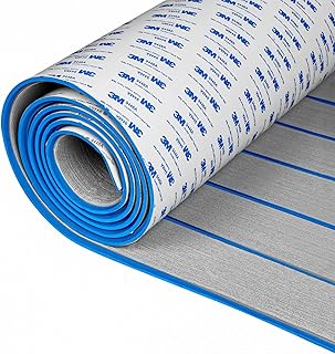 OCEANBROAD Self-Adhesive 96''x24'' Boat Flooring with 3M Adhesive Backing EVA Foam Boat Decking Faux Teak Marine Non-Slip Sheet for Jon Motor Boats Yacht Helm Pad Floor, Gray with Blue Seam Lines