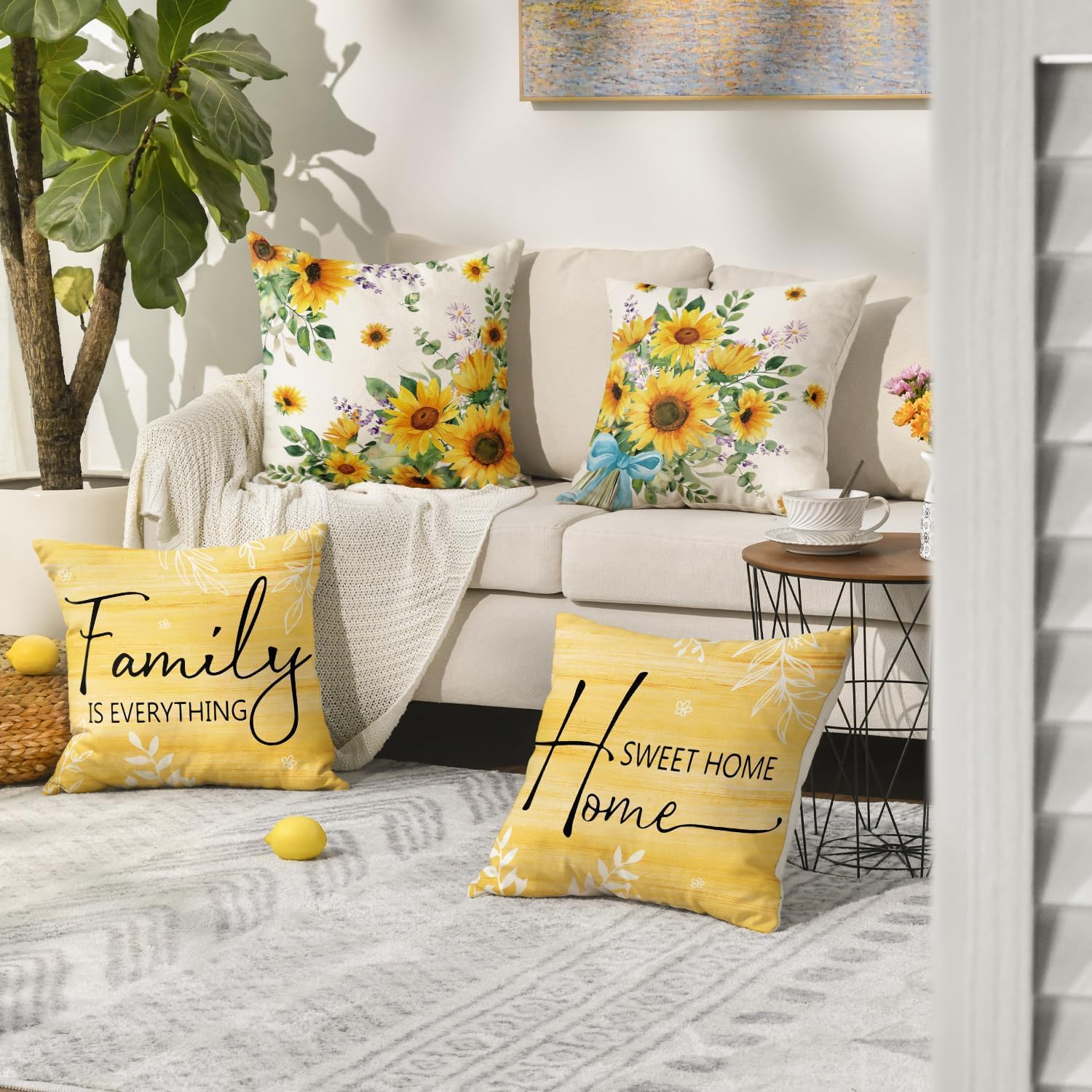 AVOIN colorlife Summer Home Sweet Home Sunflower Throw Pillow Covers, 16 x 16 Inch Family is Everything Eucalyptus Leaves Cushion Case Decoration for Sofa Couch Holiday Seasonal Home Decor Set of 4 image 2