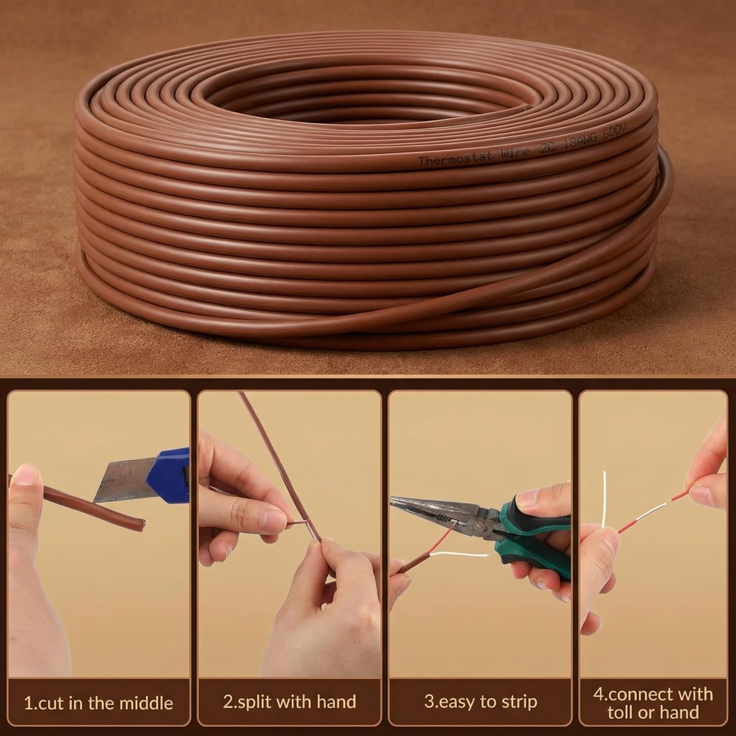 Buryeah Thermostat Wire Bell Wire Solid Copper Cable 18 Gauge ETL, Power Circuit Cable Moisture, Heat and UV Resistant for Low Voltage Applications Use(18/2,100 ft)