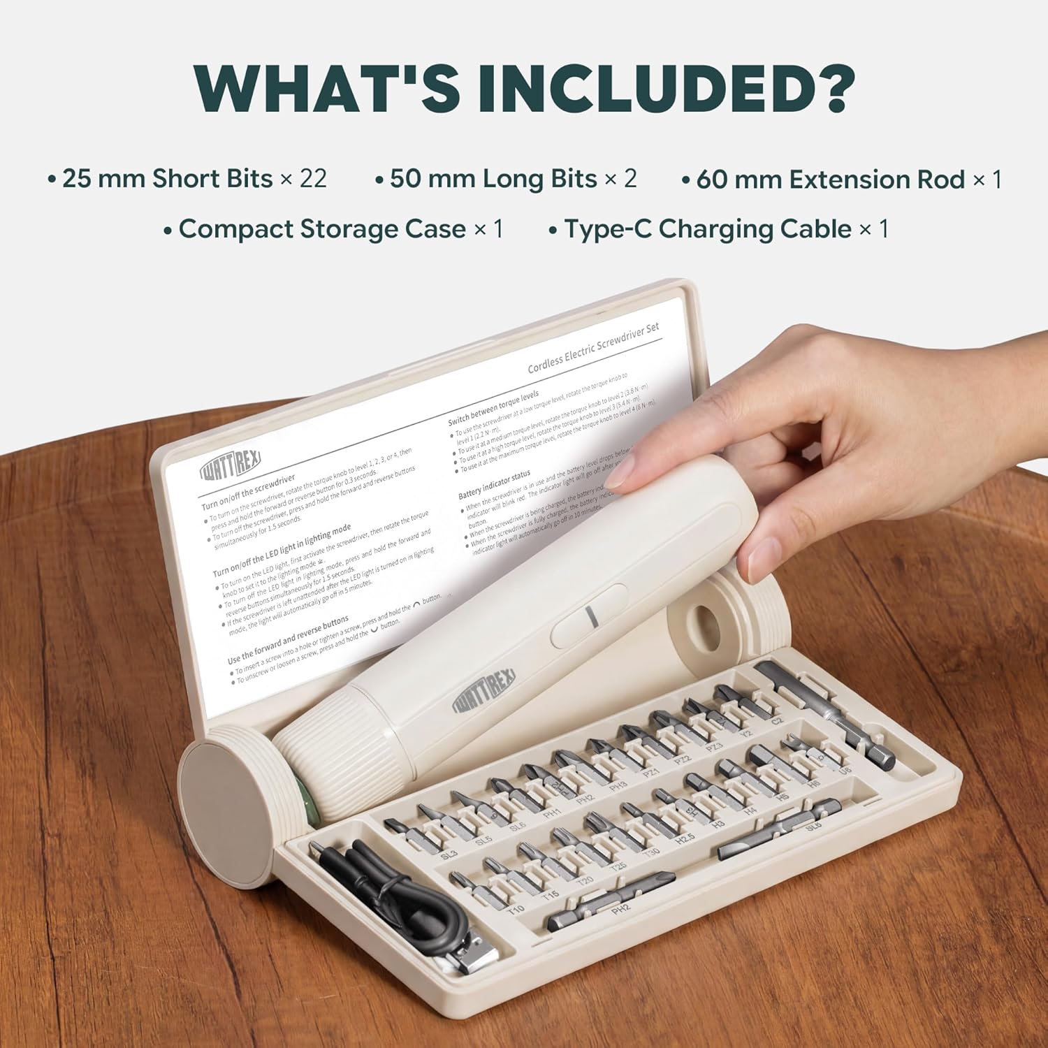 4V Cordless Electric Screwdriver Set with 4 Torque Settings, 24 S2 Bits, 12 N·m Max Manual Torque, LED Light, Forward/Reverse, for DIY, Furniture Assembly, Electronics & Home Repair (Cream) - Image 2