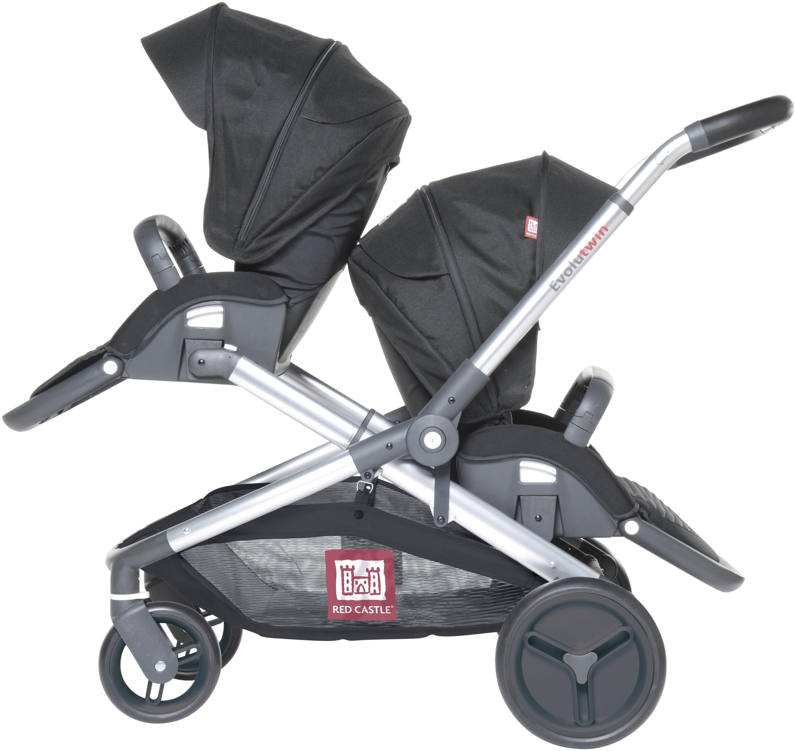 RED CASTLE, Passeggino Gemellare/Tandem/Doppio, dalla nascita, sedute reversibili con schienale reclinabile a 3 posizioni, grande cestino portaoggetti, telaio regolabile e modulabile, Evolutwin,Nero