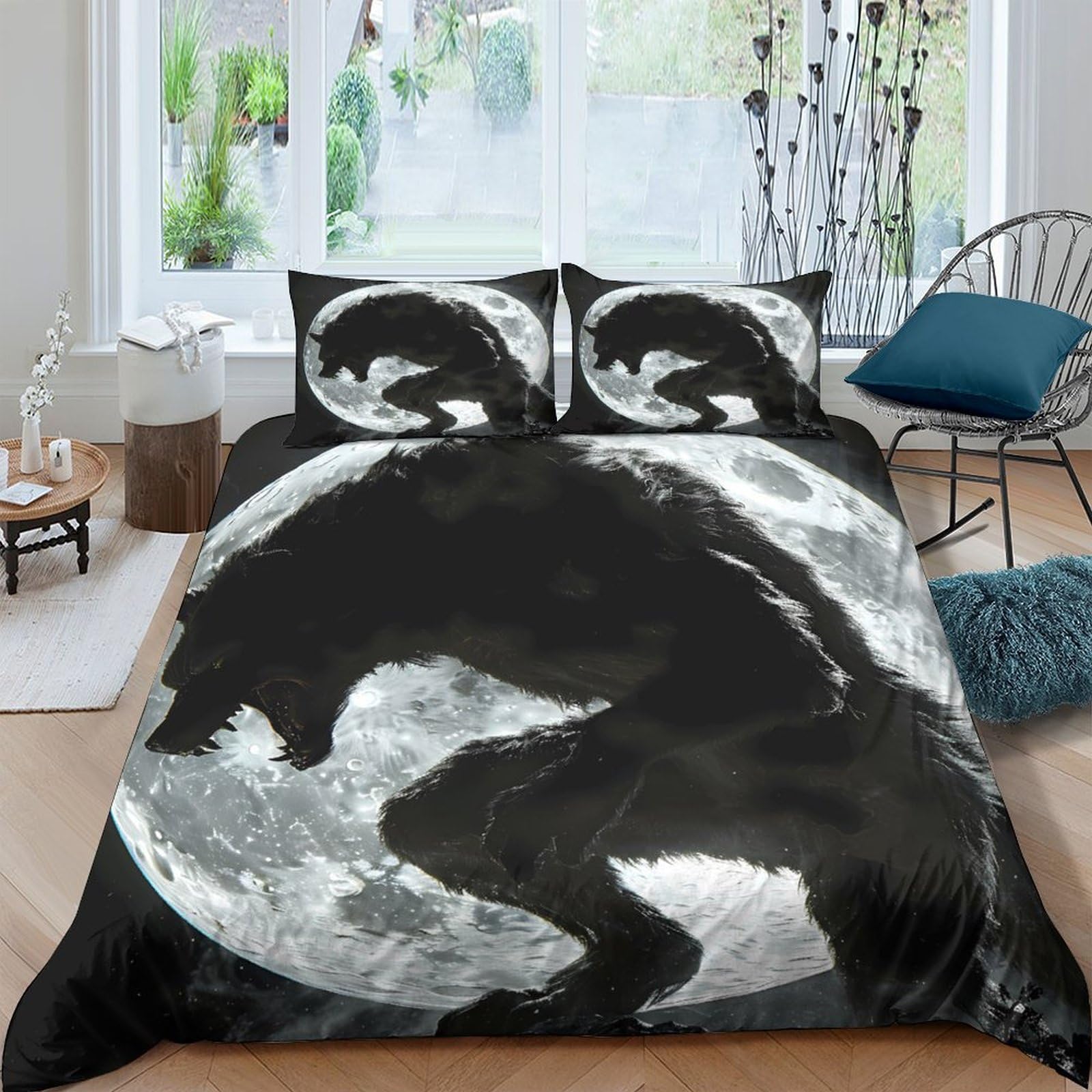 Ctjqhvkz Style-4 3D Printed Wolf Moon Fitted Sheet Microfiber Soft Black Animal Shadow Bed Cover For Bedroom Dorm Decor Protection Single（135X200cm）