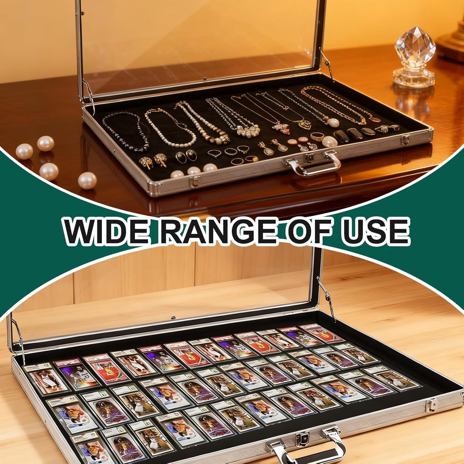 2 PCS Portable Trade Show Case, 34"x22" Lockable Trading Card Display Case with Handle, Aluminum Glass Display Case, for Collectibles, Jewelry and MTG Cards