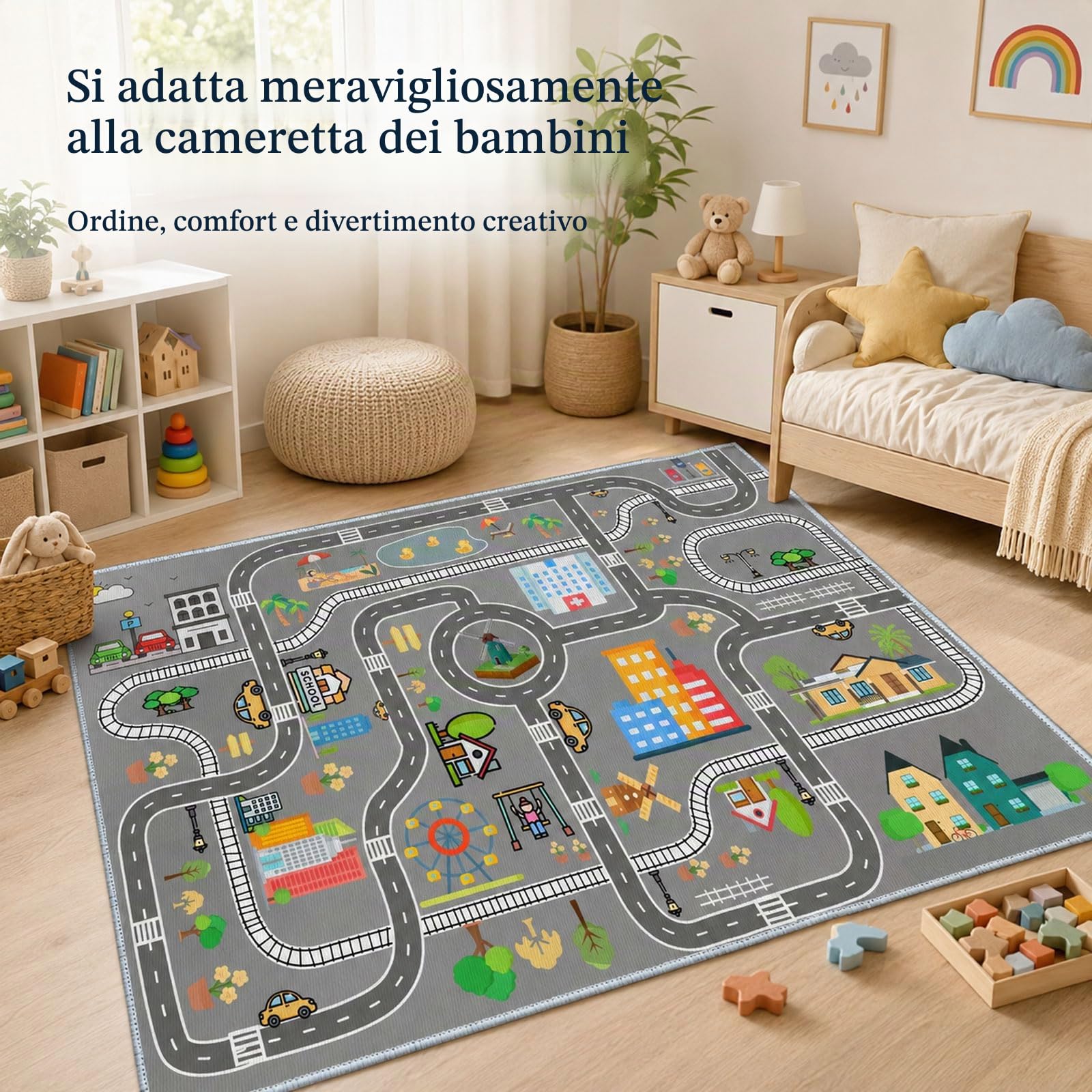 Tappeto Pista Macchinine Strade Antiscivolo Lavabile Gioco per Cameretta Ragazzi e Ragazze (A,90x150cm)