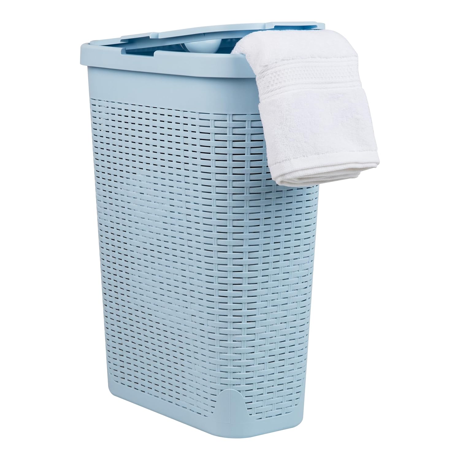 Mind Reader Slim Laundry Hamper with Lid, 40L Clothes Basket, Premium Wicker Design, Plastic, Baby Blue