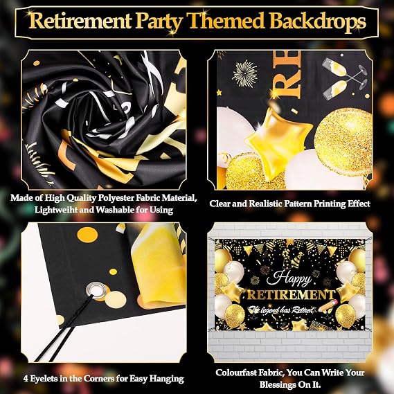 57 PCS Retirement Party Decorations Kit With Happy Backdrop, Banner, Officially Retired Sash, We Will Miss You Balloons, Theme Hanging Swirls and Cupcake Toppers