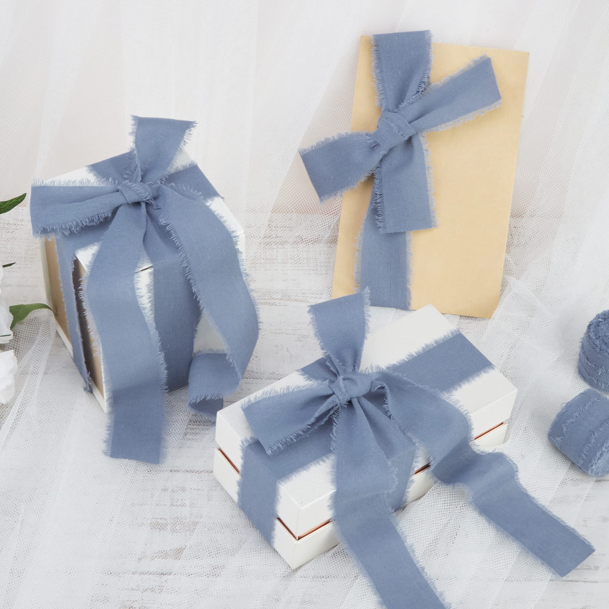Keypan Cinta azul polvoriento para envolver regalos, cintas de flecos hechas a mano para manualidades, ramos de novia, invitaciones de boda, decoraciones de algodón, 3 rollos de 1.6 pulgadas x 5
