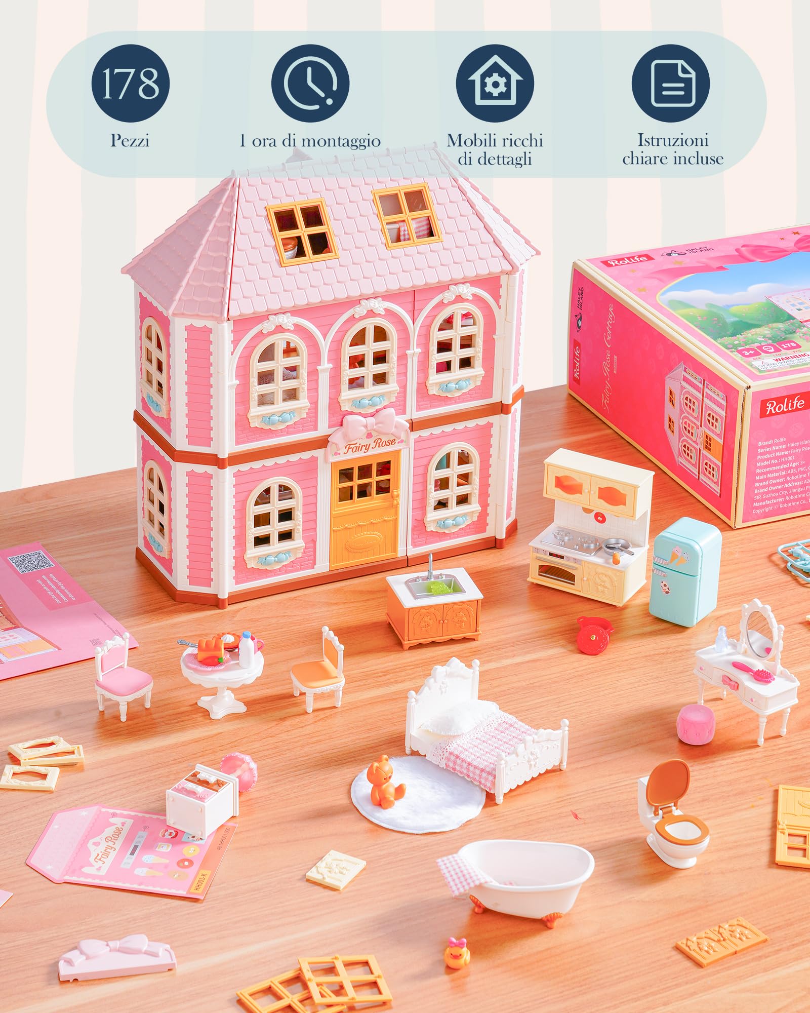 Rolife Kit fai da te in miniatura per casa delle bambole Haley Island Fairy Rose Cottage, villa in stile vittoriano rosa con luci LED, set di assemblaggio fai da te da 178 pezzi, giocattolo e regalo