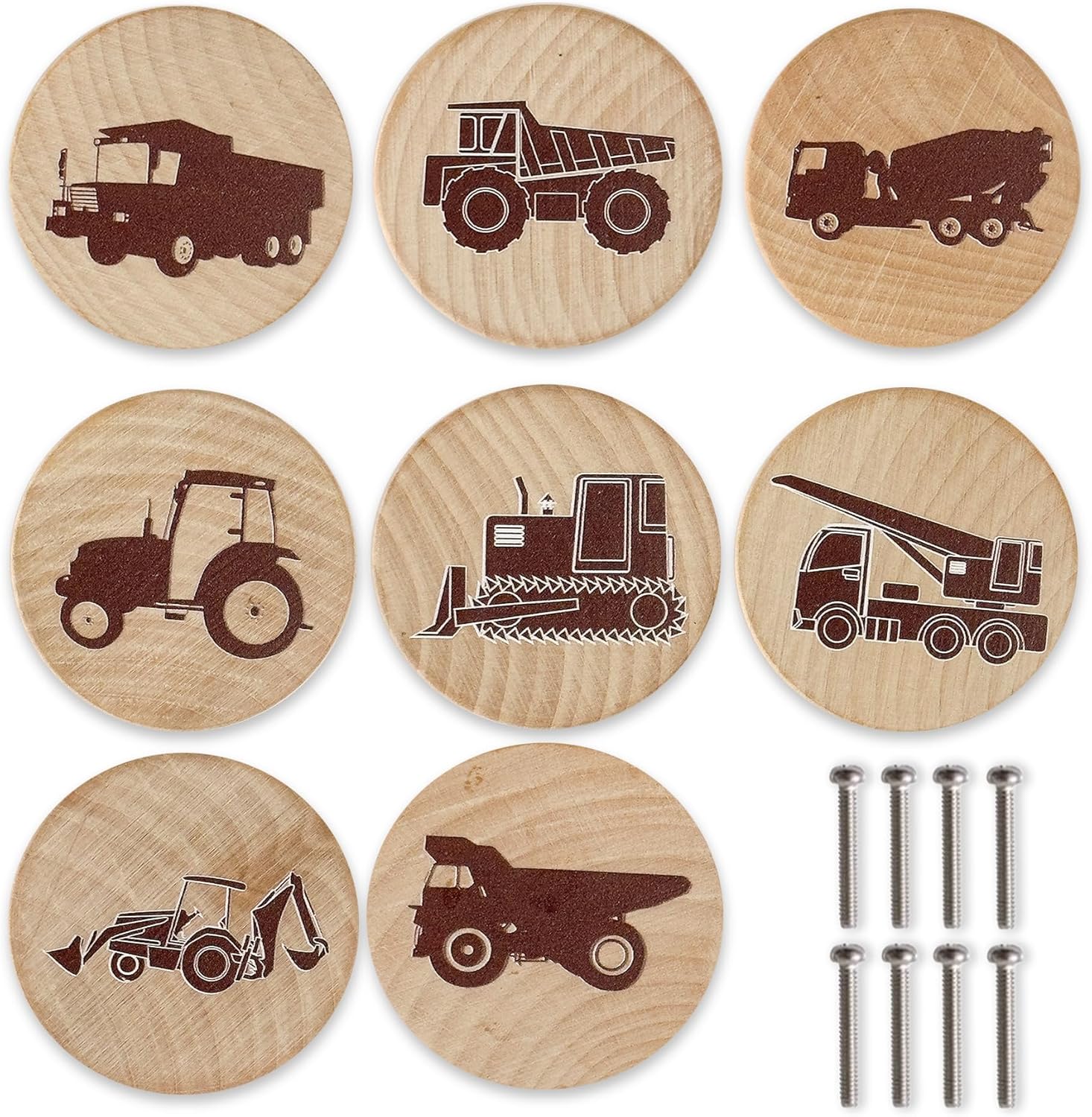 8PCS Nursery Childrens Furniture Wooden Drawer Pulls and Dresser Handles Knobs Baby Cabinet Decorative Round Wood Door Room Kids Bedroom Vehicle Themed Drawer Pulls