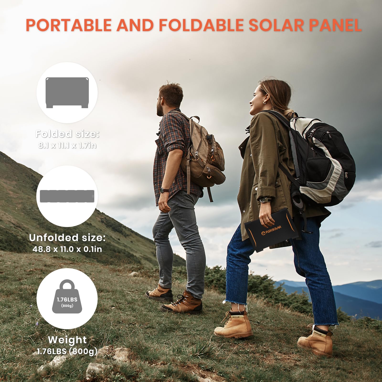 Cargador solar ETFE de 40 W con 2 puertos USB para teléfono móvil, tableta, ideal para camping, resistente al agua, IP68, para senderismo y exteriores, corriente de emergencia