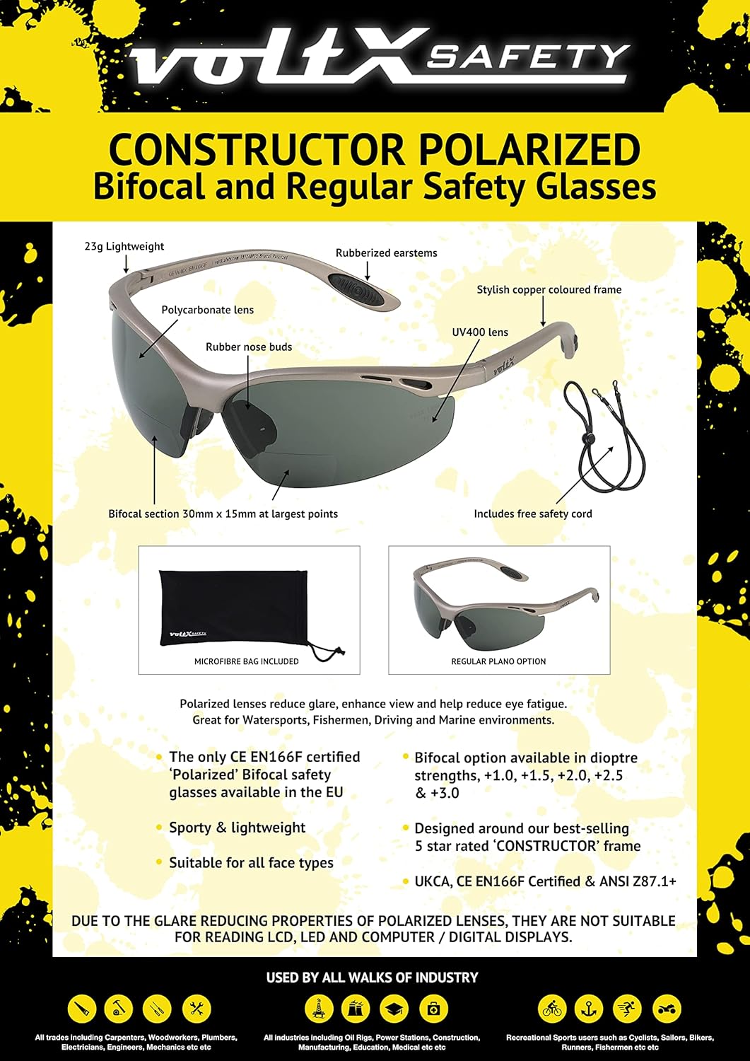 voltX 'CONSTRUCTOR' POLARISED BIFOCAL Reading Safety Glasses (+3.0 Dioptre) ANSI Z87.1+ & CE EN166F certified/Cycling Sports Glasses includes microfibre bag and safety cord + UV400 lens +3.0 Dioptre Polarized image 6 of 9 B013EHVR1Q
