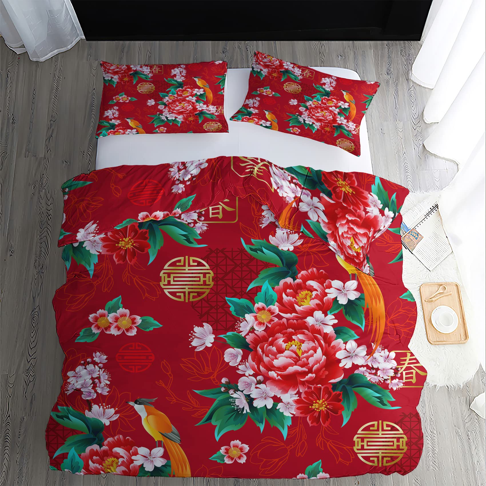 Housse De Couette 240x260cm + 2 Taies D'oreiller 65x65cm - Motif Pivoine Vintage - Microfibre Douce - Fermeture éclair Et Attaches - 5