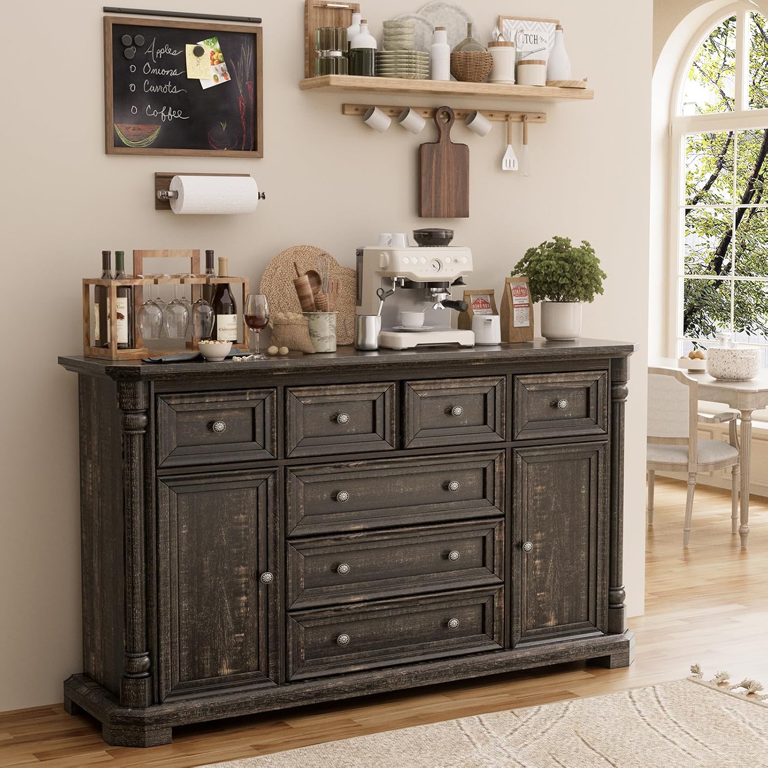 Yechen Buffet Cabinet with Drawers, 54" Large Sideboard Buffet Cabinet with 7 Drawers and 2 Doors, Farmhouse Solid Wood Sideboard Storage for Kitchen, Living Room, Retro Dark Wood