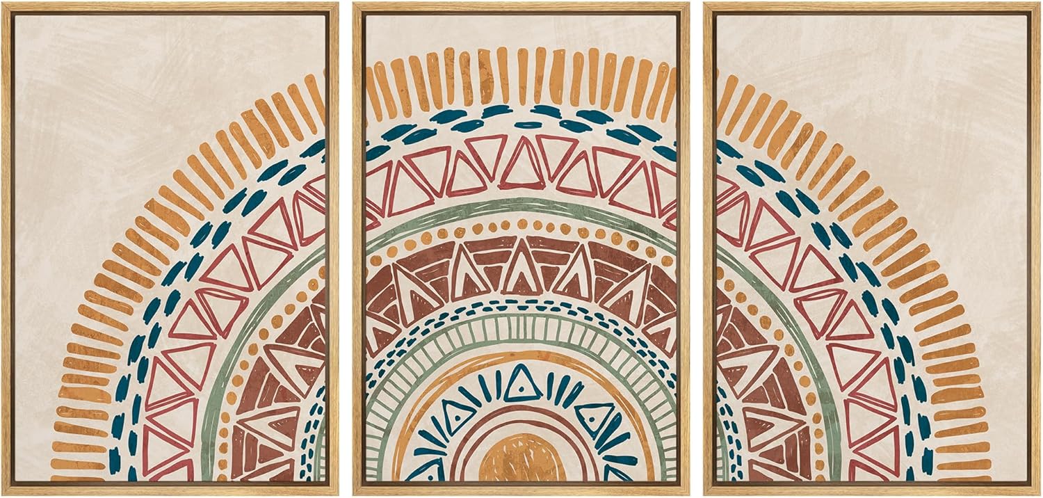 Photo 1 of wall26 Framed Canvas 3 Piece Wall Art Sun Geometric Pattern Print Minimalist Home Artwork Neutral Boho Decor for Bedroom - 24"x36"x3 Natural