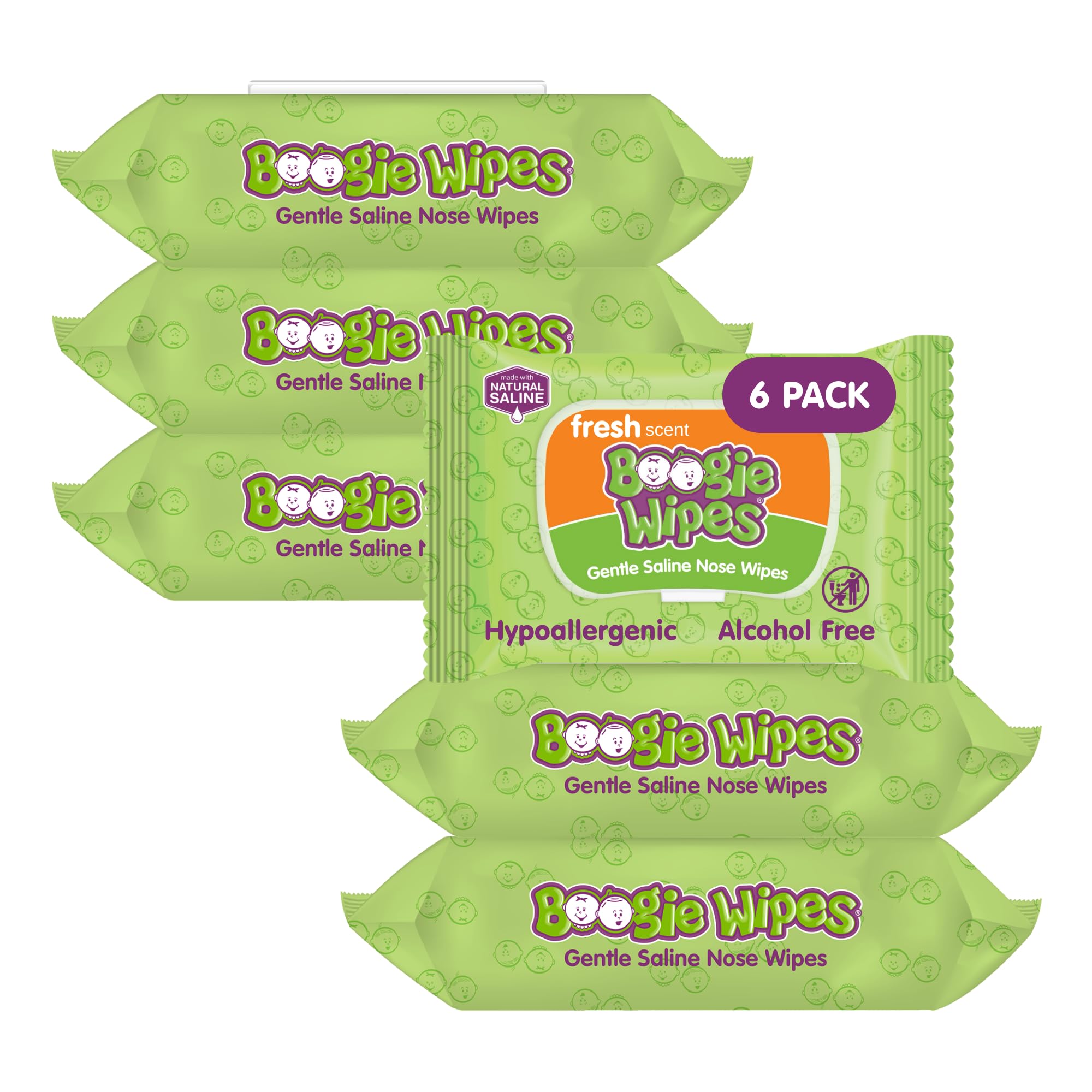 Boogie Wipes Natural Saline Kids and Baby Nose Wipes for Cold and Flu, Fresh Scent, 30 Count (Pack of 6) by Boogie Wipes