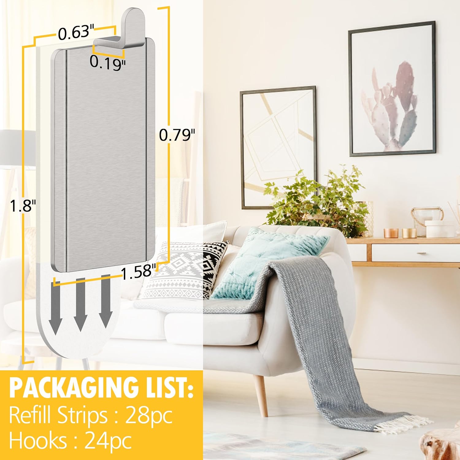 LuBanSir Picture Hanging Hooks Wall Hangers Without Nails, 24 Pack Metal Adhesive Hooks with 28 Strips for Small Photos/Art/Mirrors