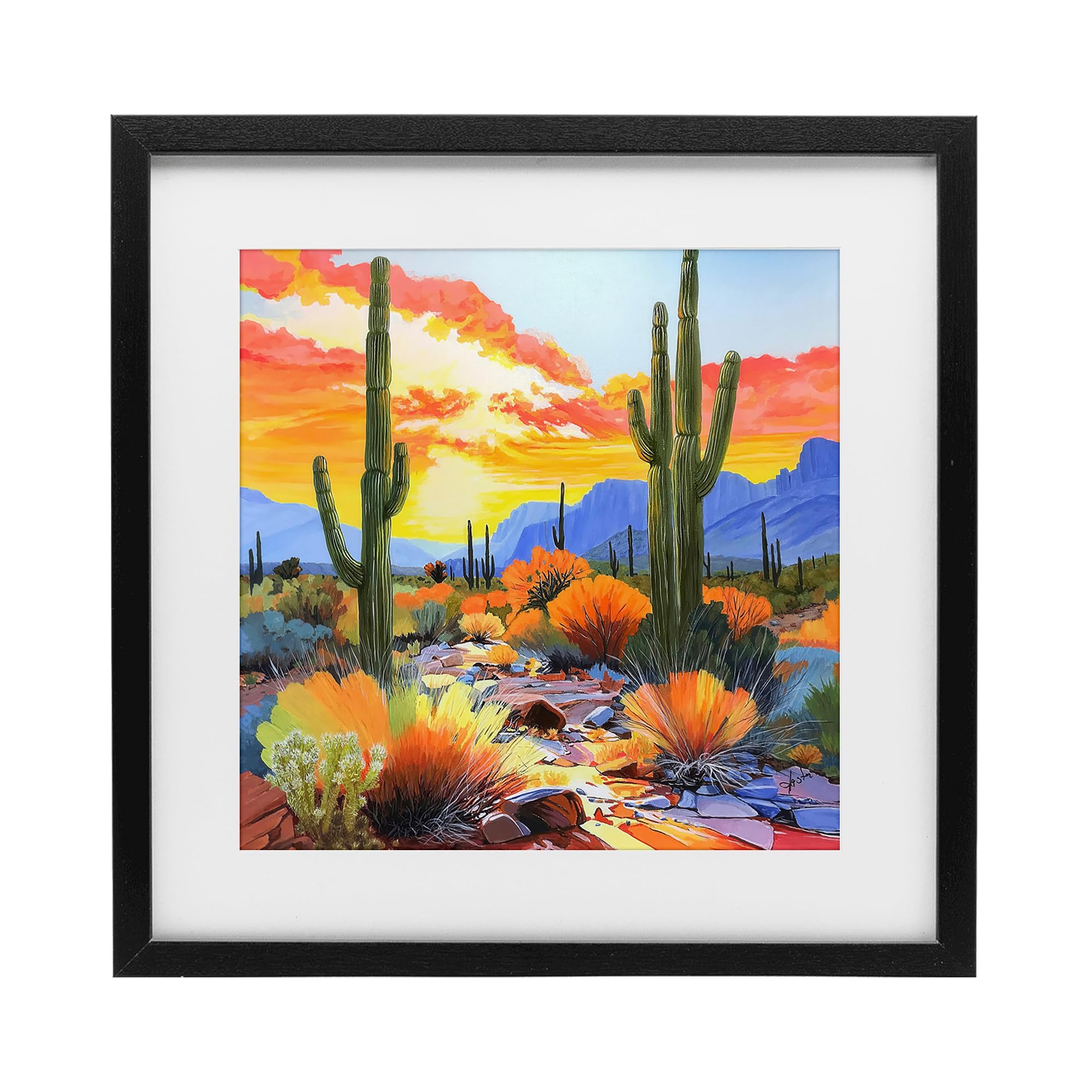 Stupell Industries Midnight Black (Textured) Desert Cacti Southwest Landscape, 16 X 16 Inch Framed Print Under Glass