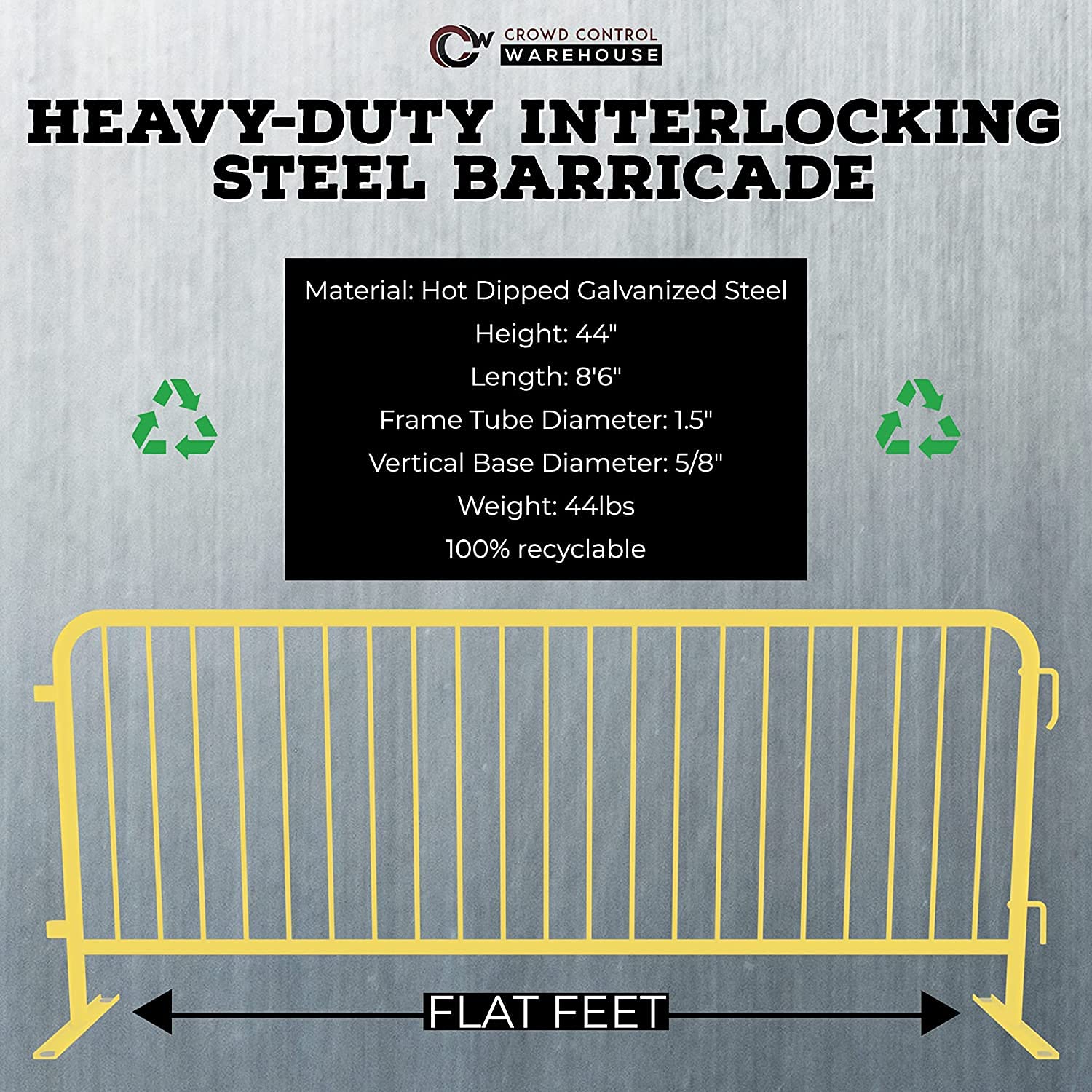 Angry Bull Barricades Heavy Duty Crowd Control Metal Interlocking Barricade with Flat No-Trip Feet - 8.5 Ft. (Safety Yellow) (20 Pack)