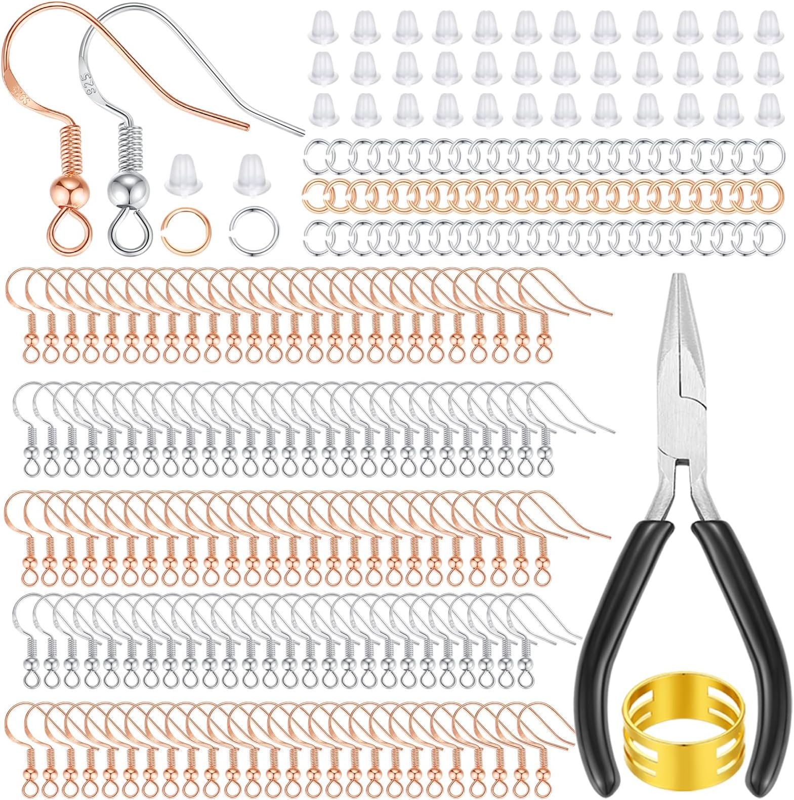 MAIBAOTA Hypoallergenic Earring Hooks, 602 Pcs Silver and Rose Golden Plated Earring Hook, Earring Kit Include Earring Backs, Jump Rings, Earring Findings, DIY Jewelry Making Tools