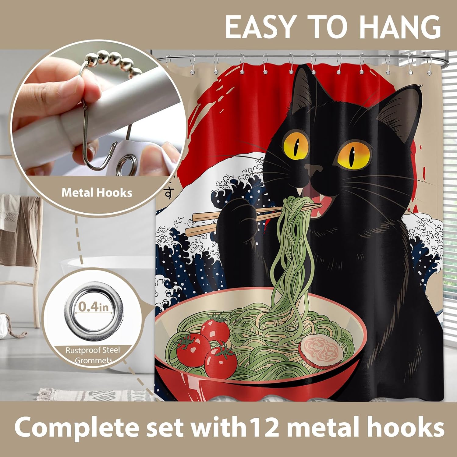 Funny Cat Shower Curtain Cool Japanese Anime Shower Curtains for Bathroom Decor Sets, Waterproof Cloth Fabric with Hooks 72x84 Inch