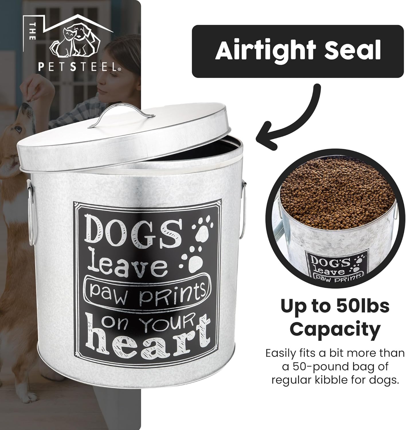 Silver Large Rustic Up to 50lb Pet Food Storage Container. Farmhouse and Rustic Look. Large Canister with Scoop. No More Plastic Containers