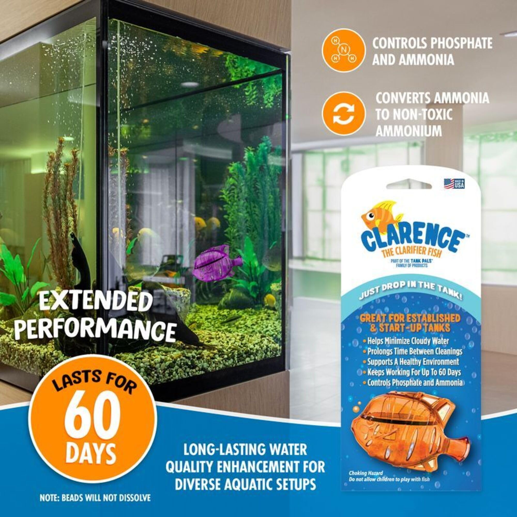 Clarence the Clarifier Fish Chiarificatore per acquario, trattamento dell'acqua trasparente e nuvoloso, sicuro per pesci e piante d'acqua dolce e salata, arancione, confezione da 3