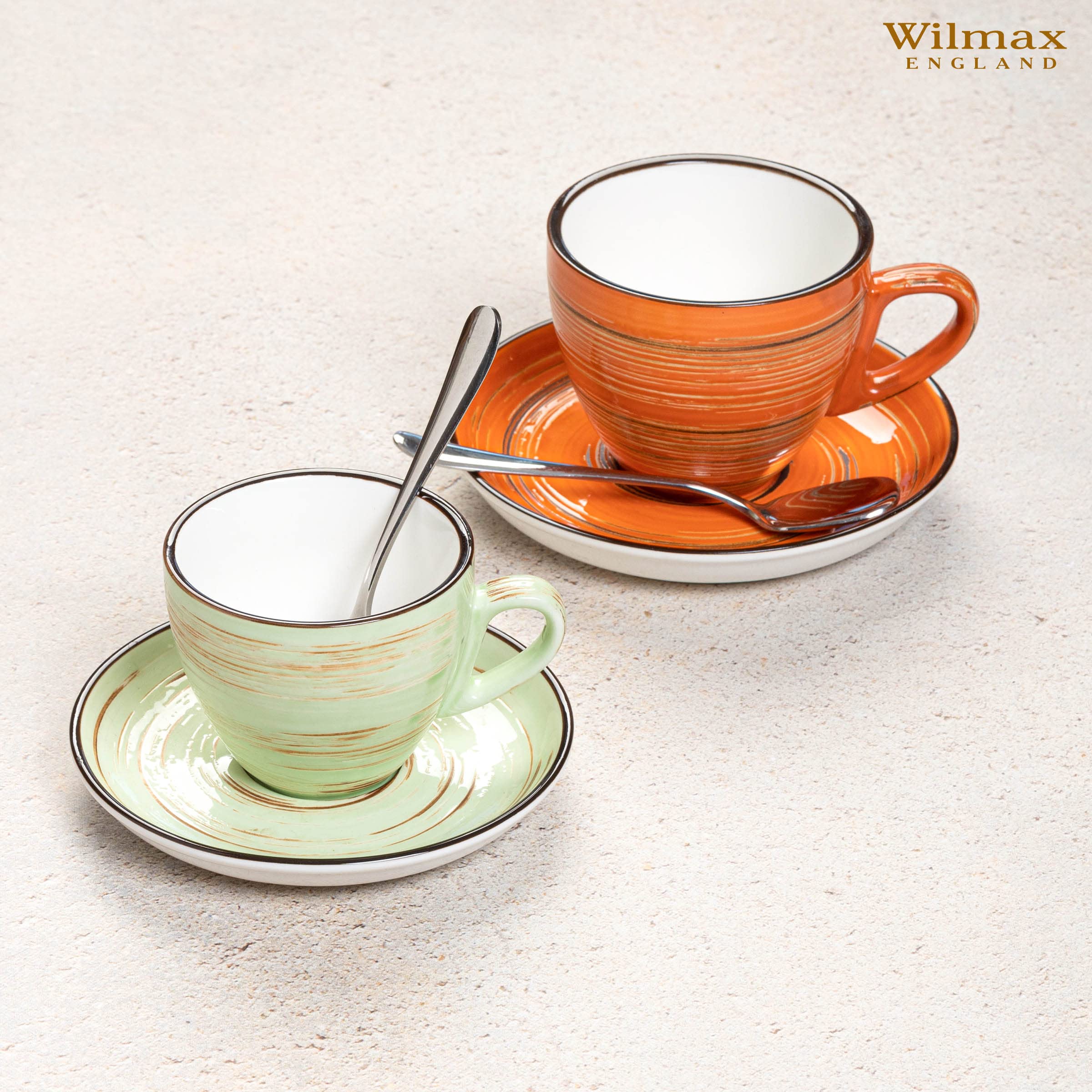 Wilmax | SPIRAL Tassen mit Untertassen | 6er-Set | 110 ml | Tassenset aus Porzellan | Becher Für Getränke, Desserts, Café | Modernes Design | Teetassen | Kaffeetassen | Spülmaschinenfest