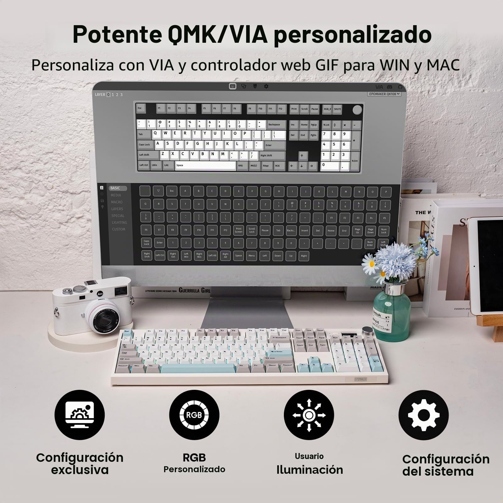 EPOMAKER QK108 Teclado Gaming Mecánico Inalámbrico con Pantalla y Perilla | Tamaño Completo, 8000mAh, QMK/Via, Cremoso y Sólido, Gasket, RGB, Hot-Swap, Teclas de Mac, 2.4G/BT, Wisteria Linear Switch