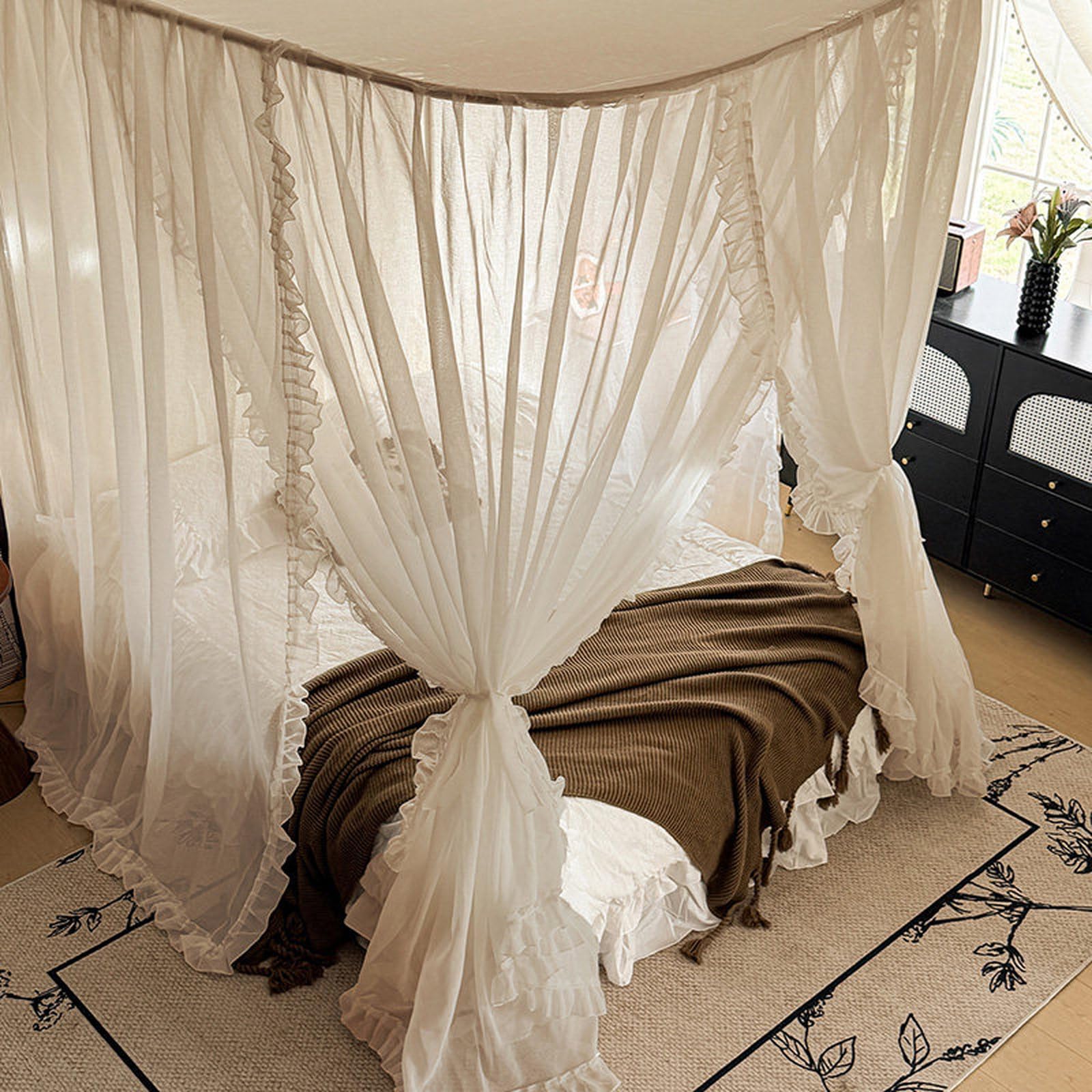 Zasłony z baldachimem na łóżko z moskitierą, eleganckie, miękkie lniane zasłony z 3 otworami do dekoracji sypialni, 150 cm szer. x 208 cm dł., idealne do pokoju dziewczęcego