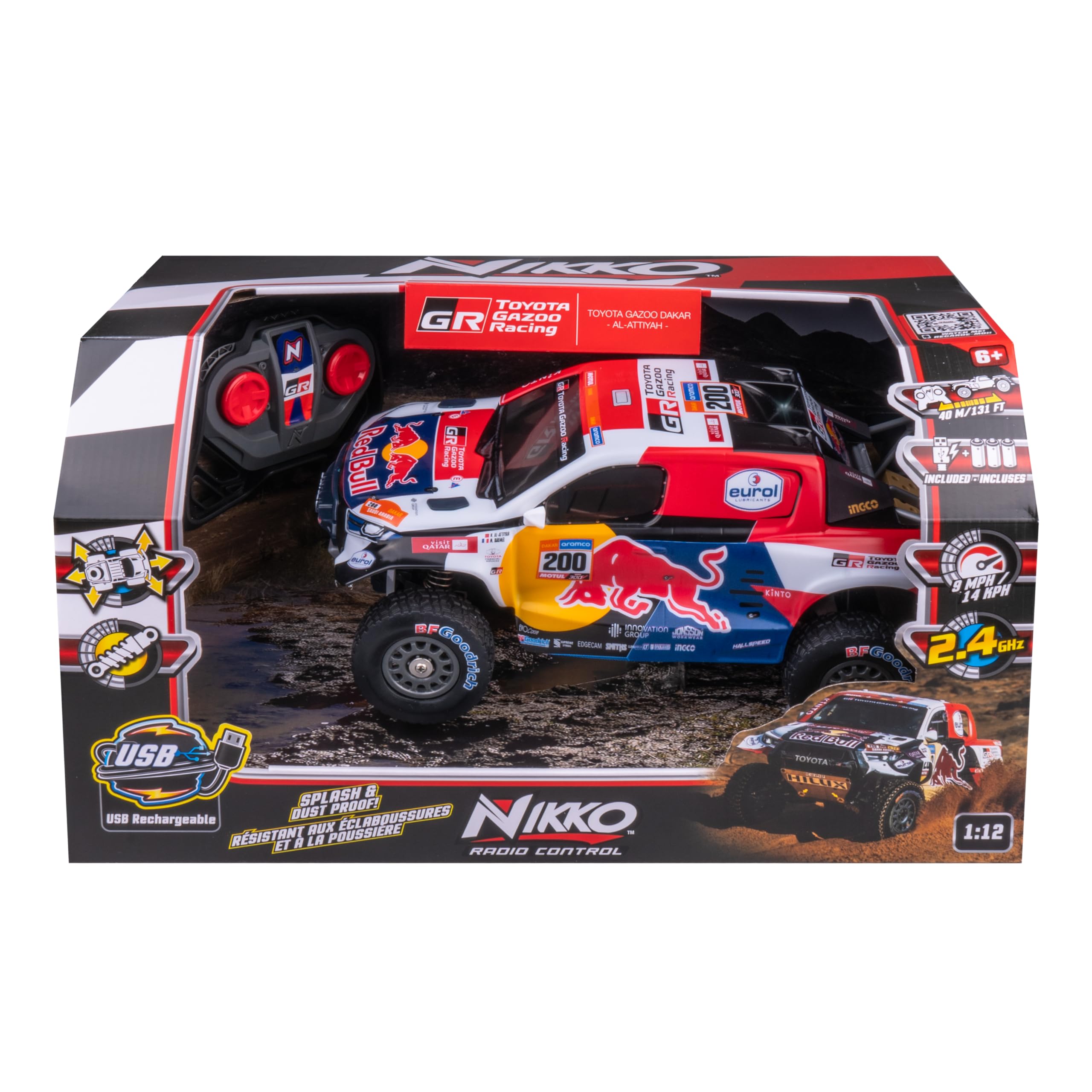 Nikko 10561 Pro Truck Toyota Gazoo Dakar, zdalnie sterowany samochód RC, Red Bull Design, pojazd offroad do 14 km/h, pełne zawieszenie i szybkie ładowanie USB, dla dzieci od 6 lat i dorosłych, ok. 33