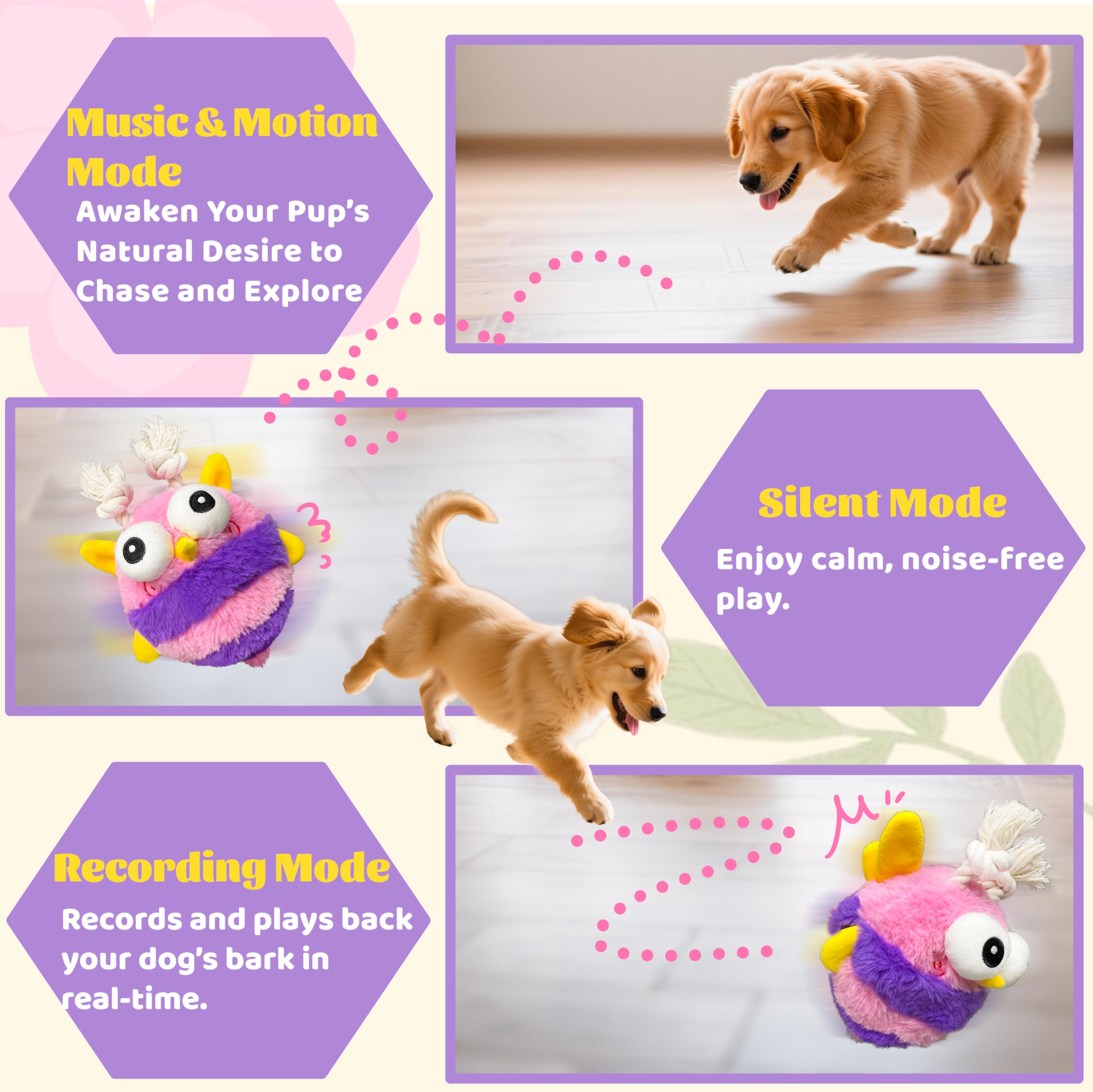 GUKCO Jouets mobiles pour chien – Jouet couineur interactif rechargeable pour chien avec balle activée par le mouvement, musique, enregistrement et modes silencieux – Jouet auto-jeu pour petites