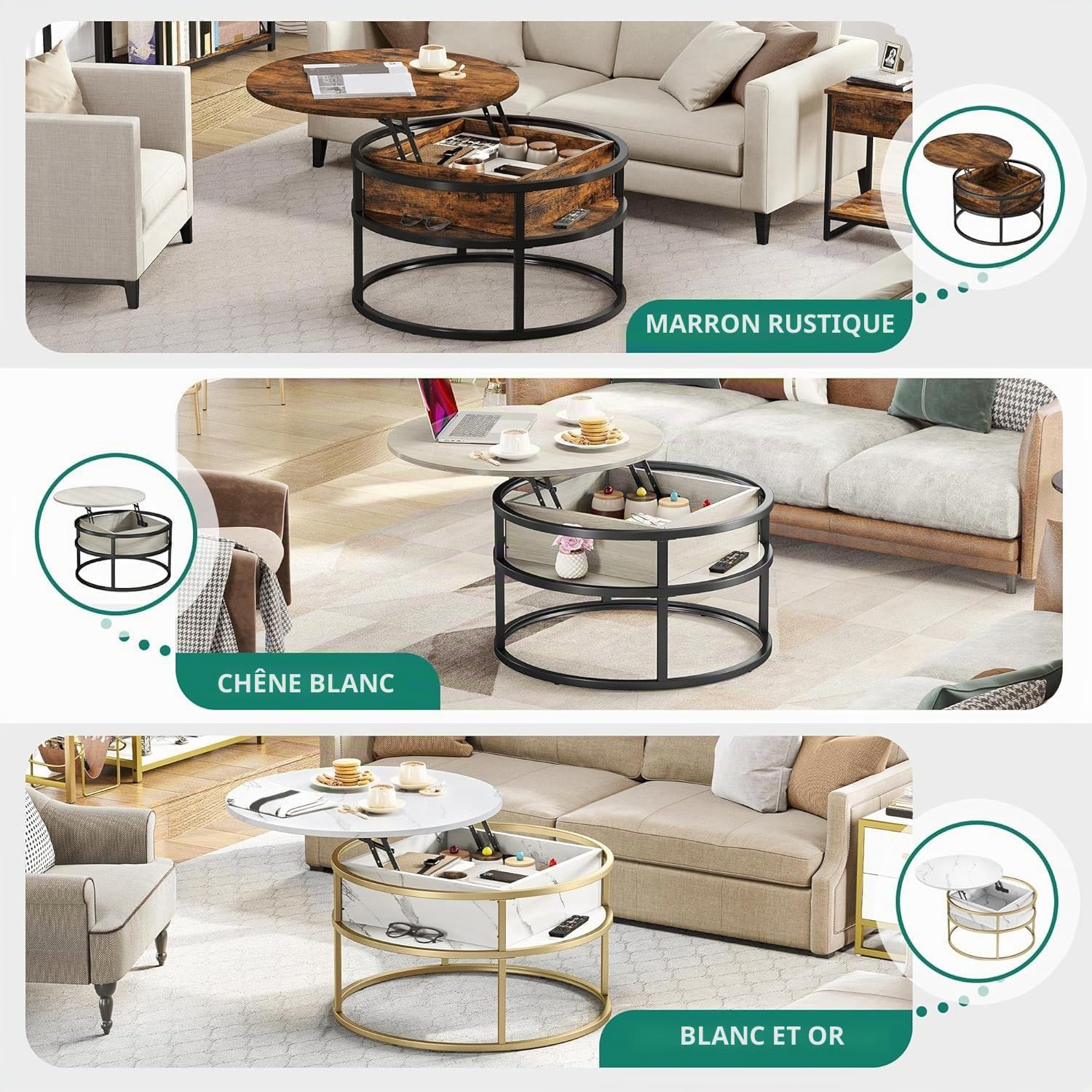 YITAHOME Table Basse Relevable avec Rangement Caché, 80x80X47cm, Table Basse Ronde Salon avec Cadre Métallique Robuste, Forte Charge Portante