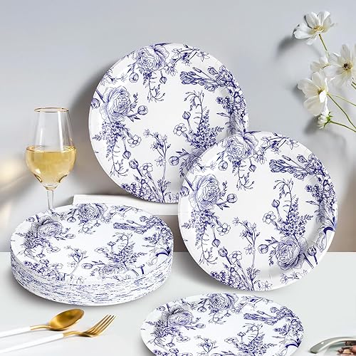 Miniatura 5 de Platos de papel florales azules y blancos, platos desechables de flores azules, suministros de fiesta, platos de papel bonitos vintage, sirven 50