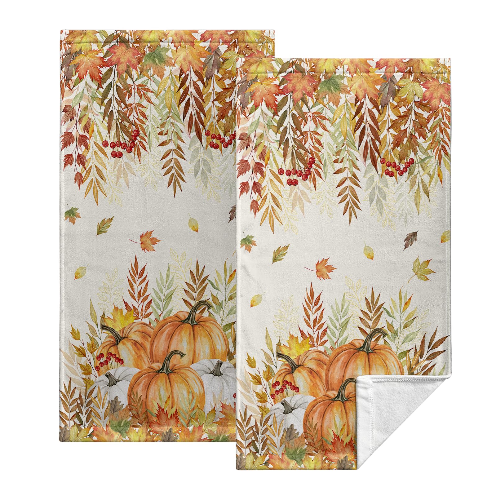 Kwlegh Fall Hand Towels Orange White Pumpkin Towels Harvest Thanksgiving Absorbent Kitchen Towels 14.4x28.3 Inch Set of 2 Autumn Leaves Bath Towels for Bathroom Laundry Room Hotel Gym — image 1