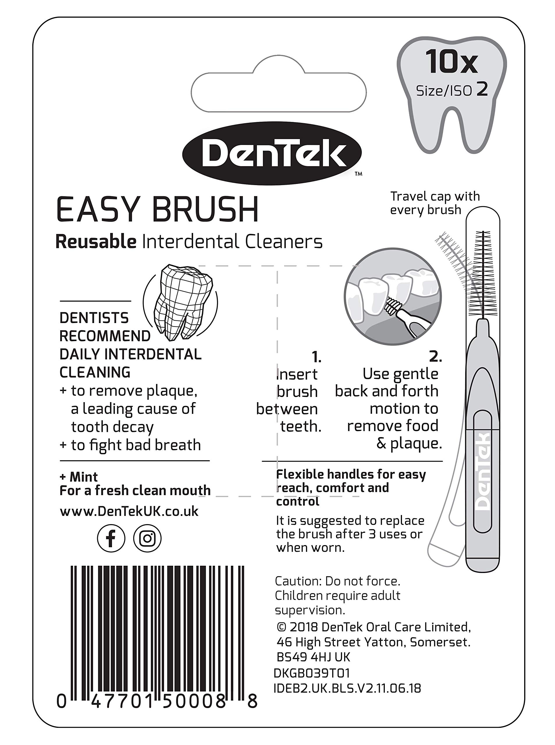 DenTek Easy Brush Szczotki międzyzębowe, ISO2/0,5 mm do usuwania żywności i płytki nazębnej między zębami. Opakowanie 10 szt