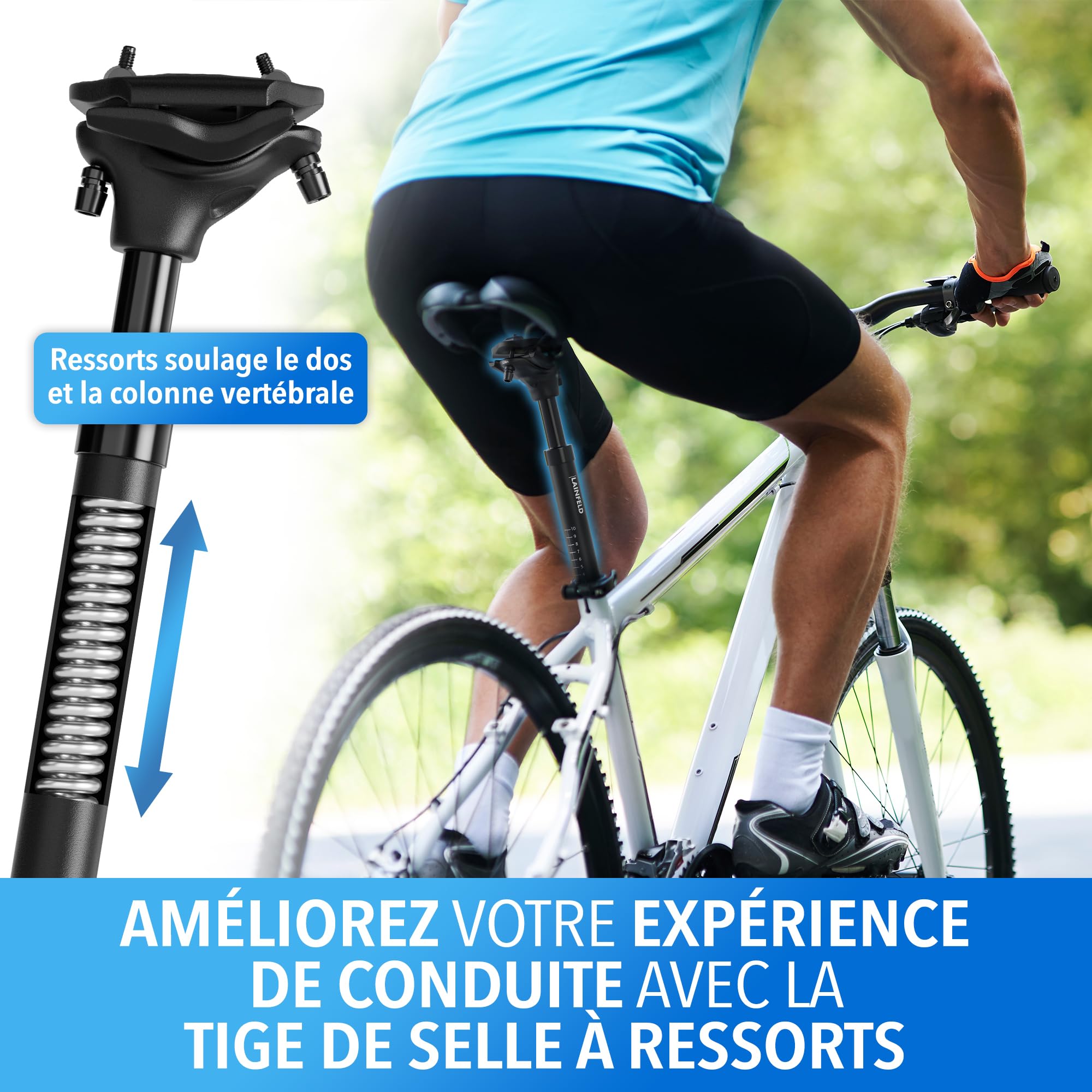 Tige de Selle Suspendue LAINFELD | Outils Inclus | 27,2 mm, 30,9 mm ou 31,6 mm | Tige de Selle Suspendue réglable VTT vélo électrique Femme Homme