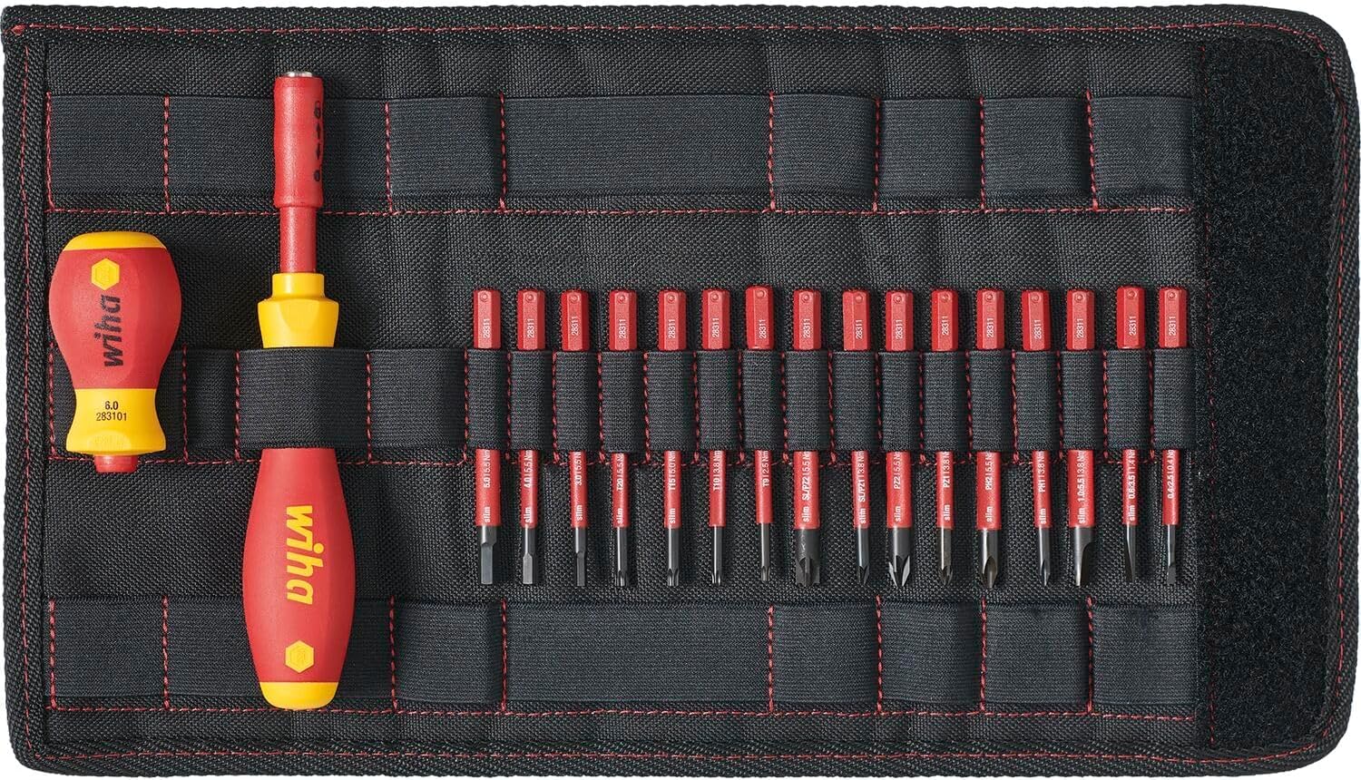 Wiha Jeu de tournevis et d'embouts slimVario isolés (41231) lot de 19 pcs avec trousse pliable | Fente ou plat cruciforme PH PlusMinus TORX six pans | (41231) Screwdriver handle I VDE stubby I VDE bits for electricians I slotted/Phillips/PlusMinus/TORX/he