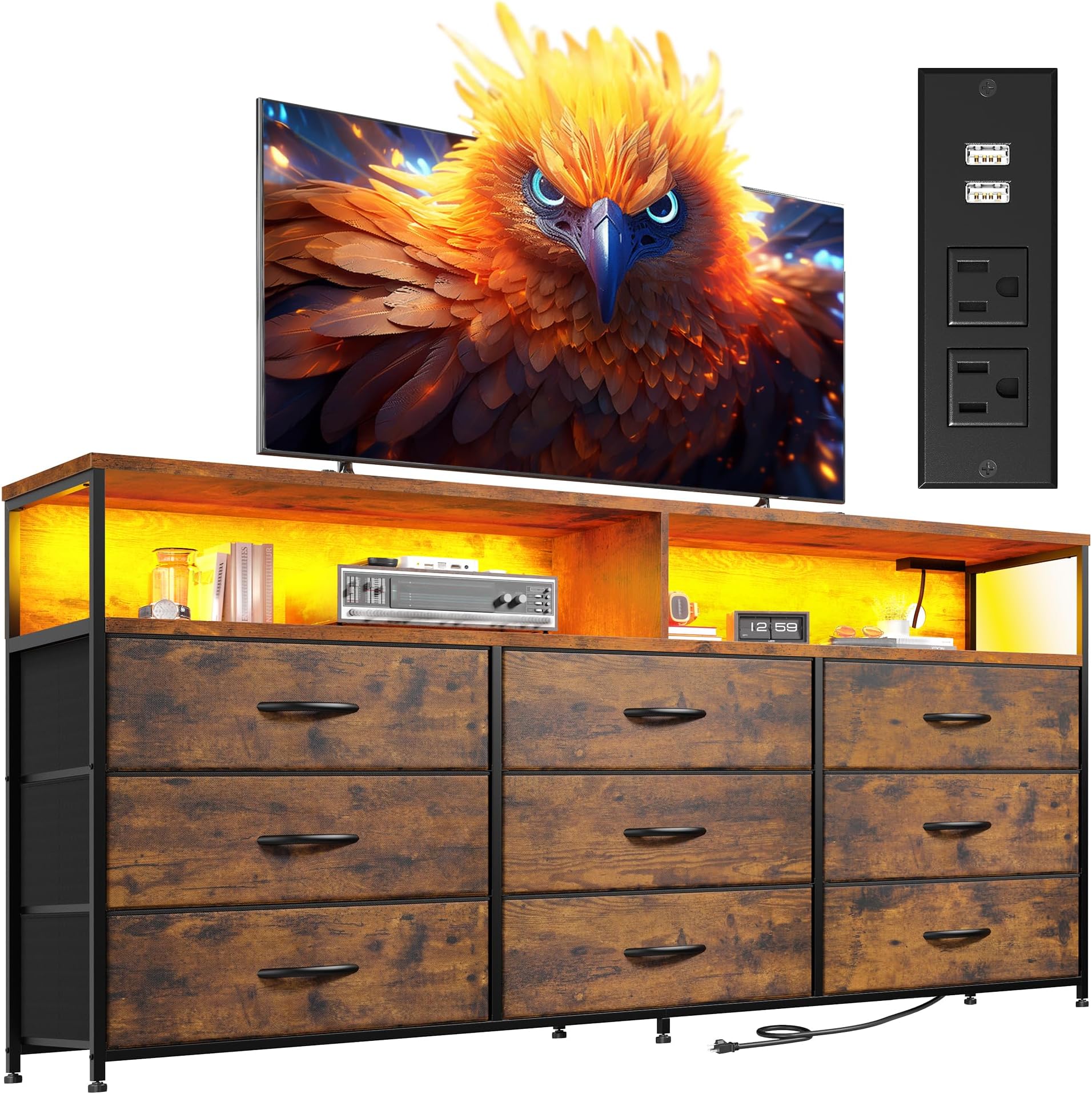 - 55” W Dresser for Bedroom with Charging Station & LED, 65" TV Stand for Bedroom with 9 Fabric Drawer & Open Shelves for Dorm, Entryway, Rustic Brown, 11.81" D x 55.12" W x 35.43" H