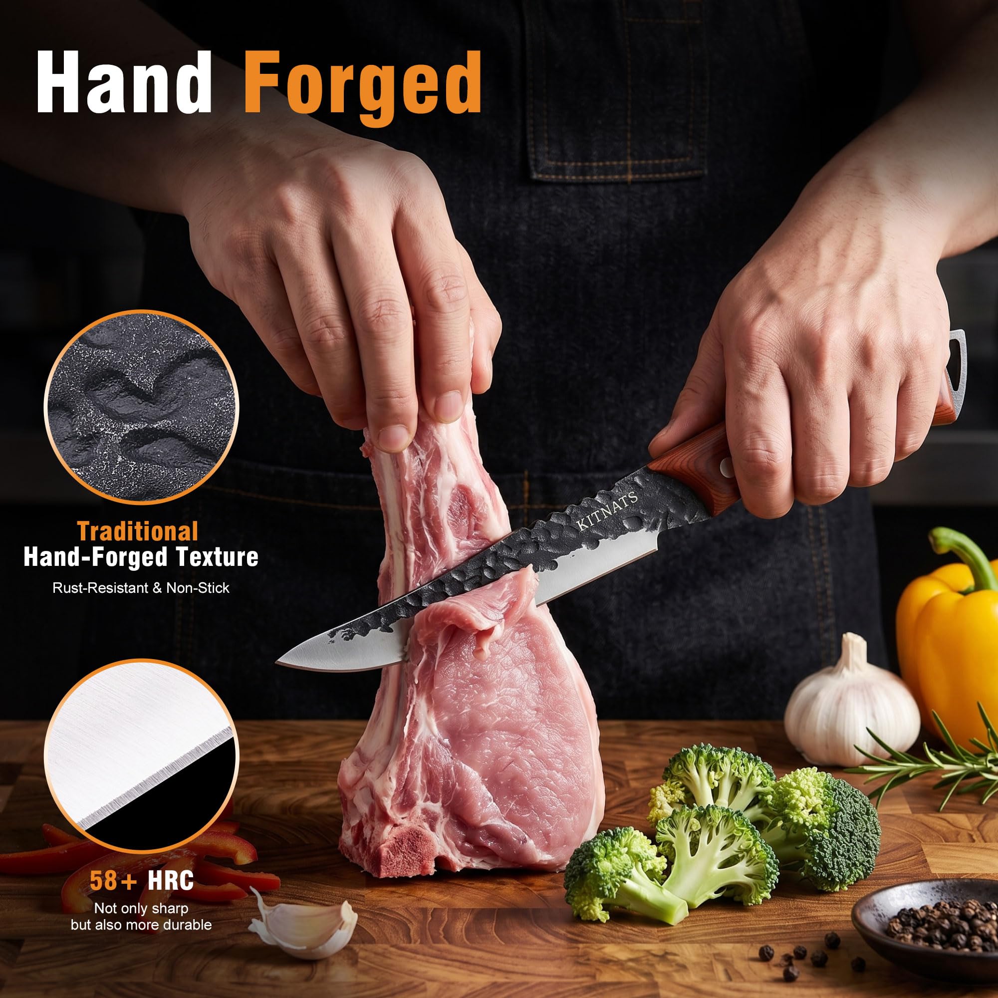 KITNATS Butcher Knife Set, 3PCS Hand Forged Full Tang BBQ Knife Set — Amazon image 5