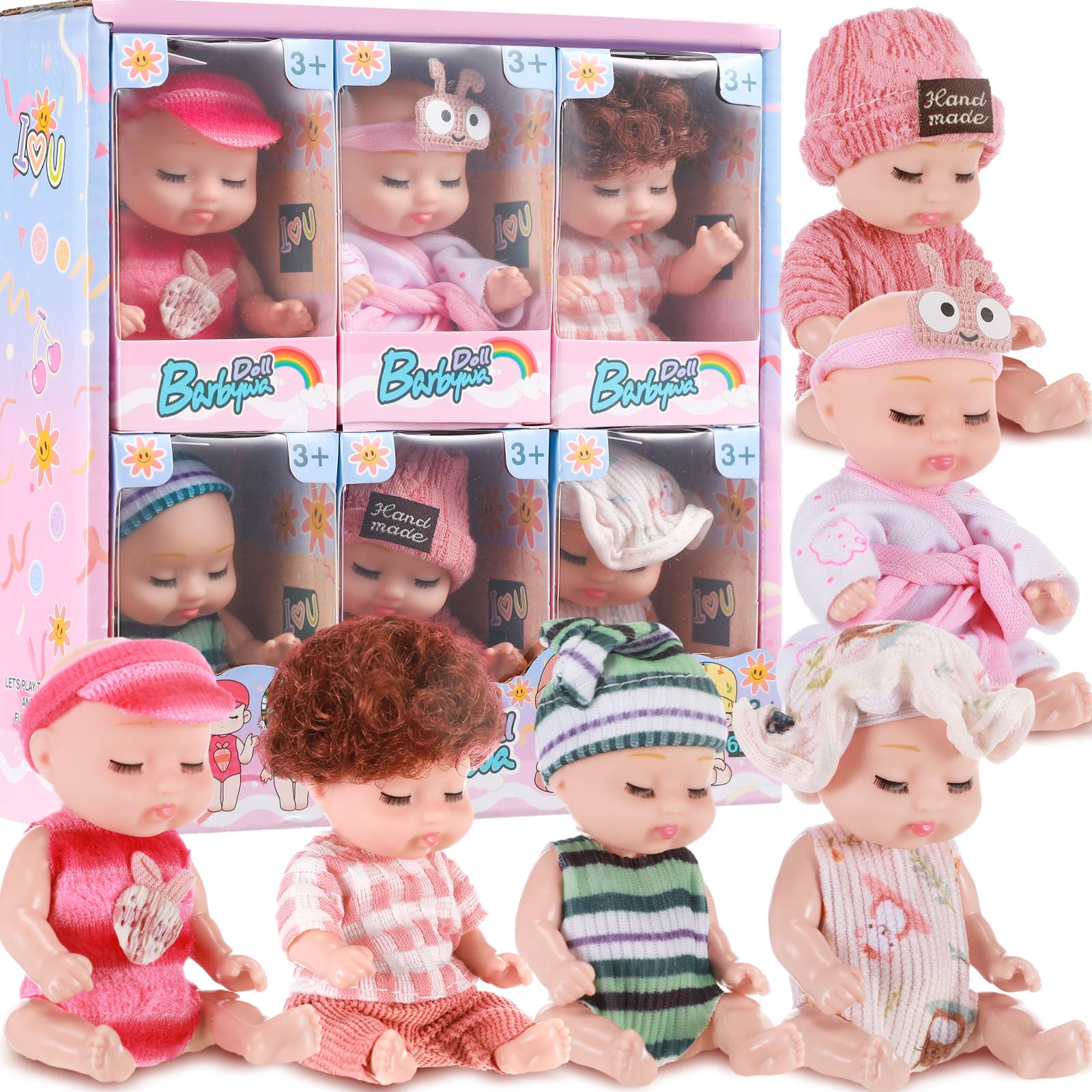 Hanaive 6 Pcs Mini Christmas Dolls 4 Inch Tiny Reborn Cute Realistic Baby Doll Holiday & Birthday Gifts Set for Girls Toddlers Kids Basket Stuffers