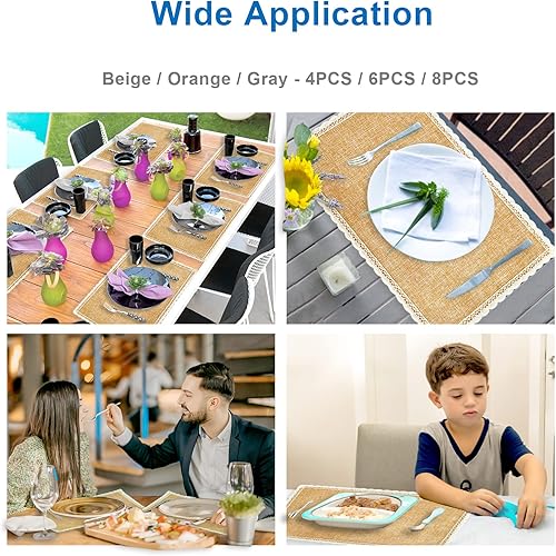 Miniatura 7 de Juego de 6 manteles individuales de arpillera, 18 x 11.6 pulgadas, dos capas de lino sintético, tapete decorativo para mesa de cocina, resistente al