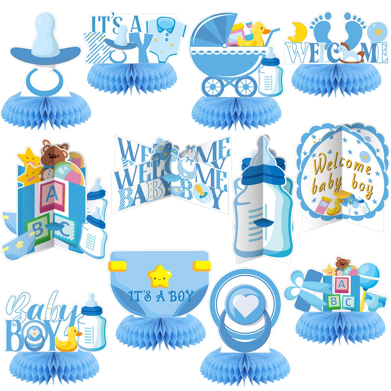 View 1 of 12 Pcs Boy Baby Shower Decors Set Blue Honeycomb Centerpiece